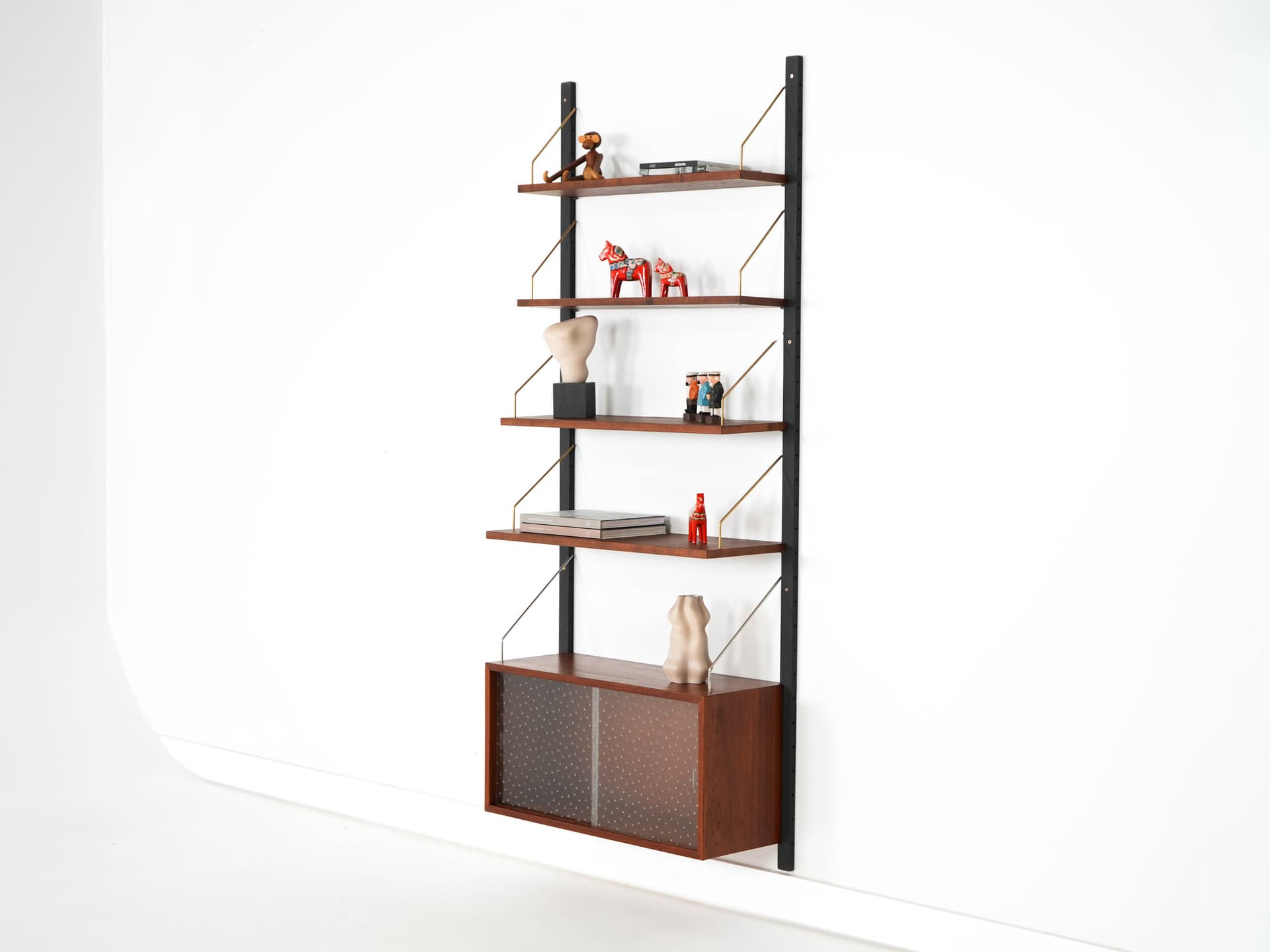 Regał systemowy, tek brązowy, metal czarny, szkło, Dania, lata 60. - 192525