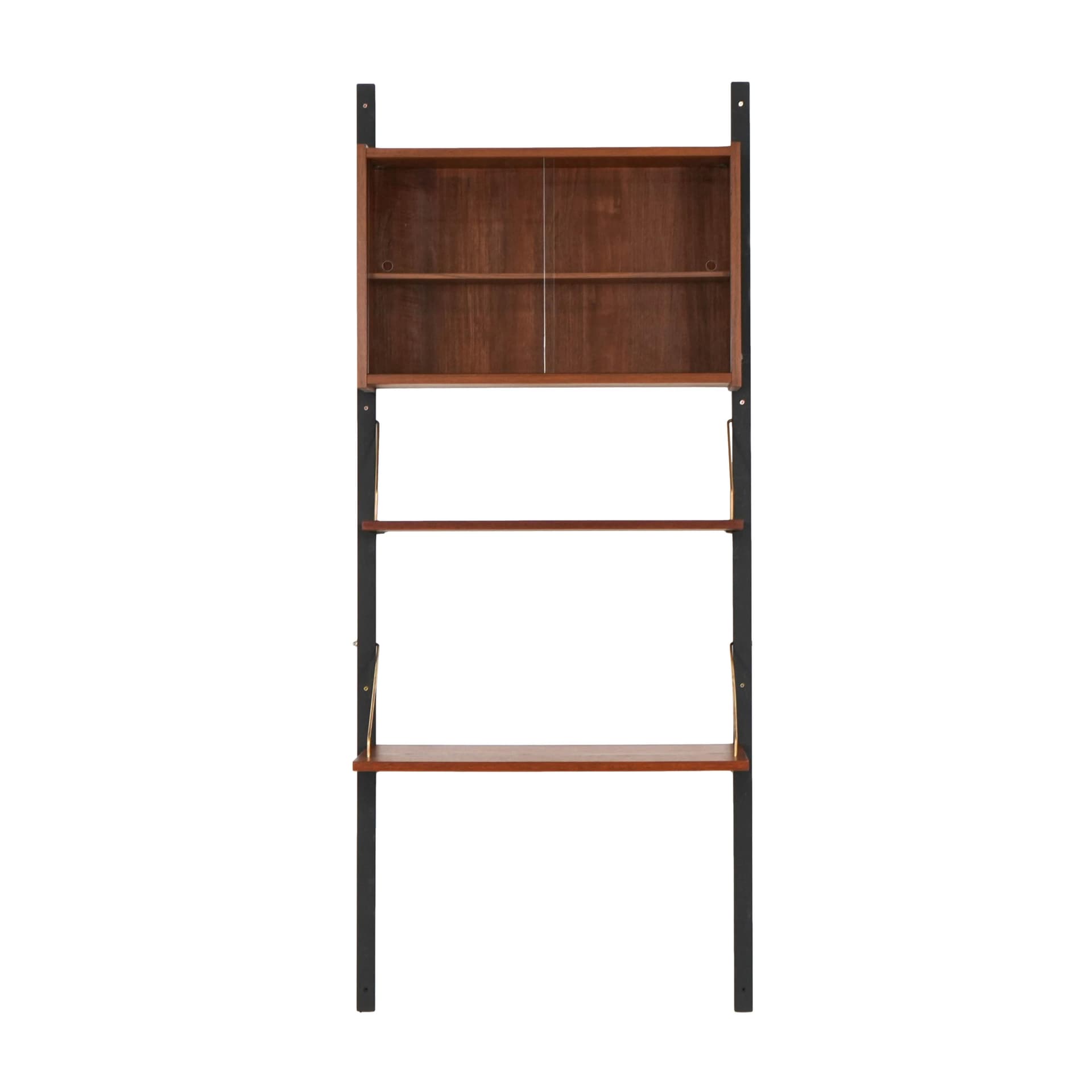 Shelving unit PS System, brown teak, black metal, transparent glass, Randers Møbelfabrik, Denmark, 1960s. - 192552