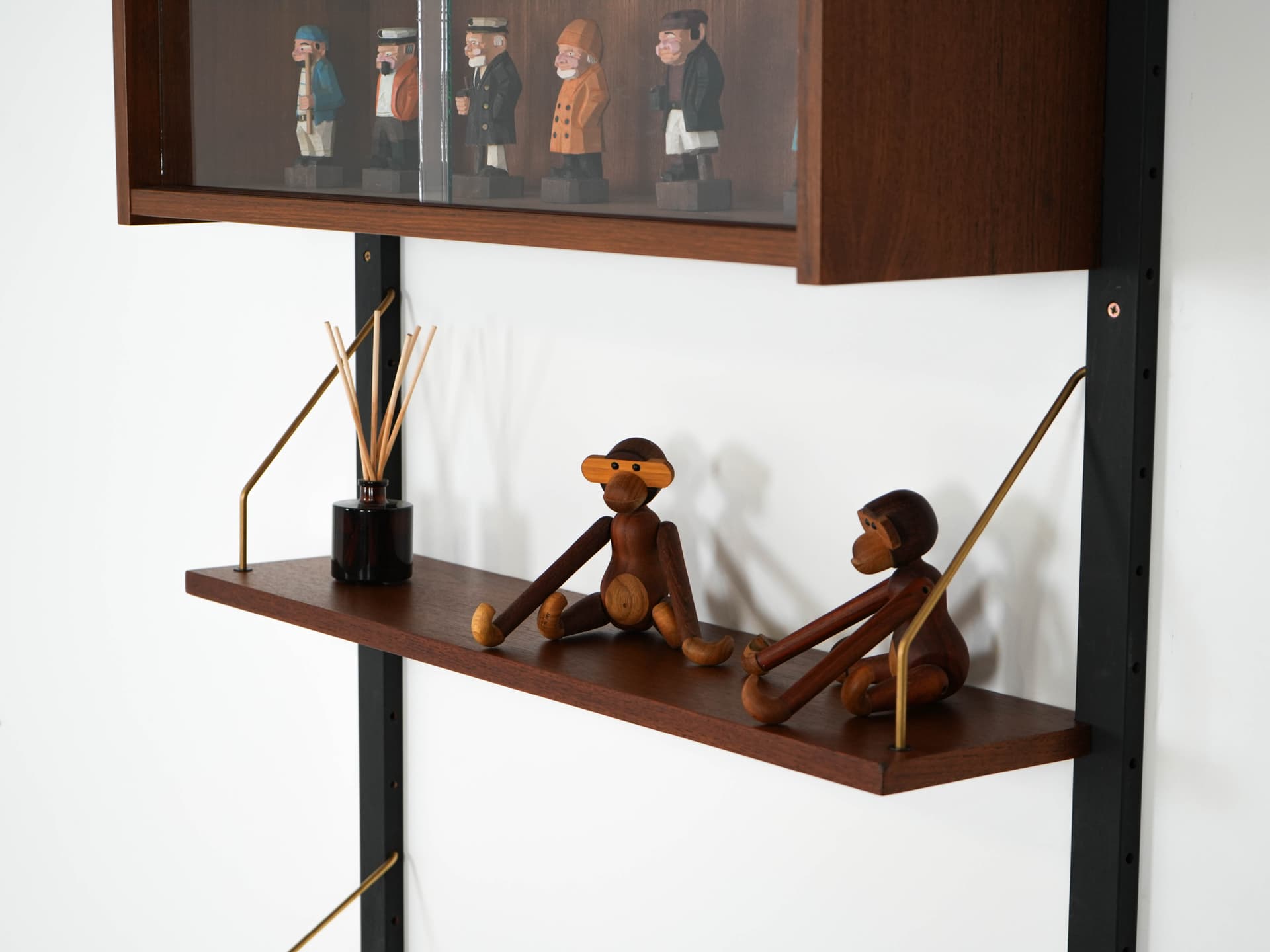 Shelving unit PS System, brown teak, black metal, transparent glass, Randers Møbelfabrik, Denmark, 1960s. - 192557