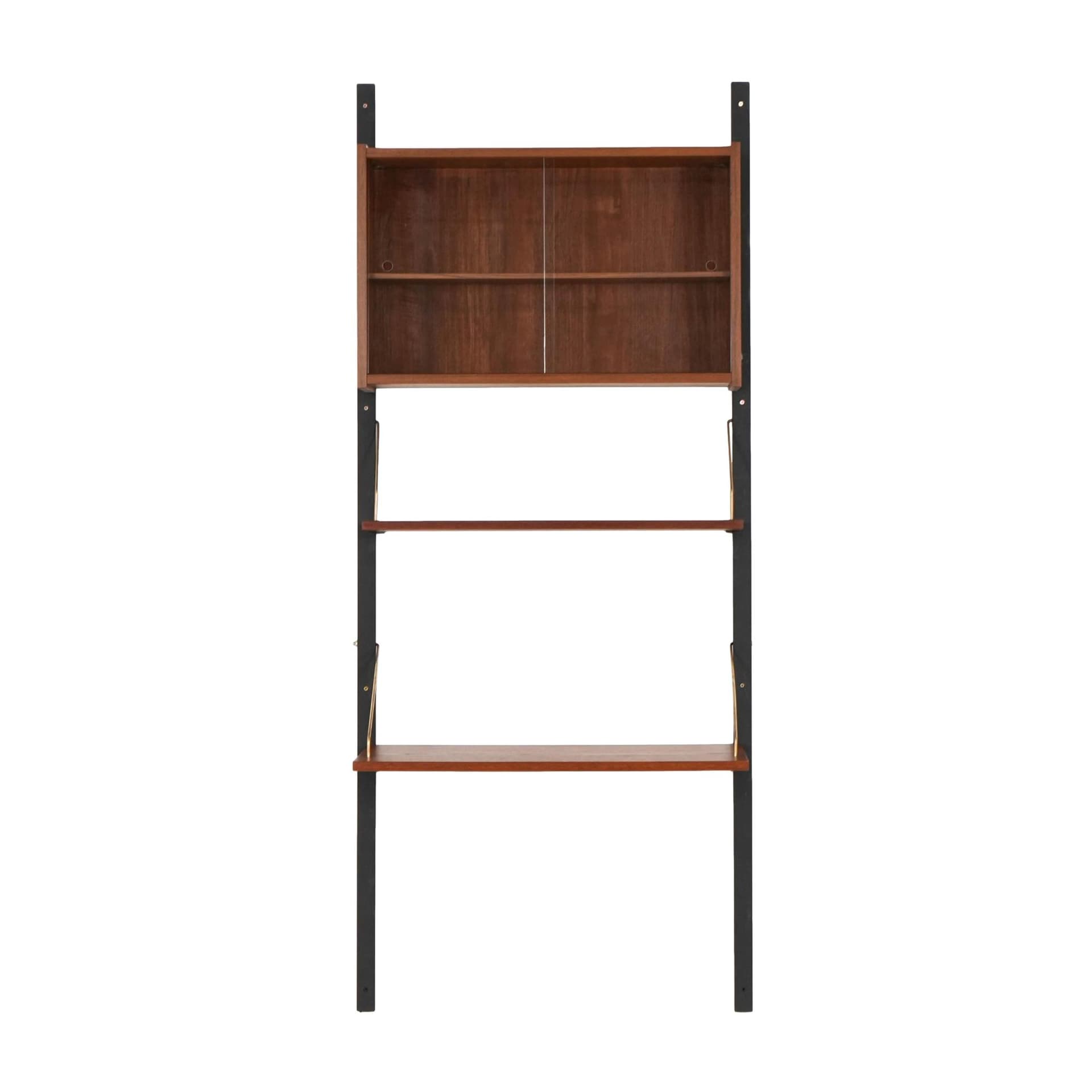 Shelving unit PS System, brown teak, black metal, transparent glass, Randers Møbelfabrik, Denmark, 1960s.
