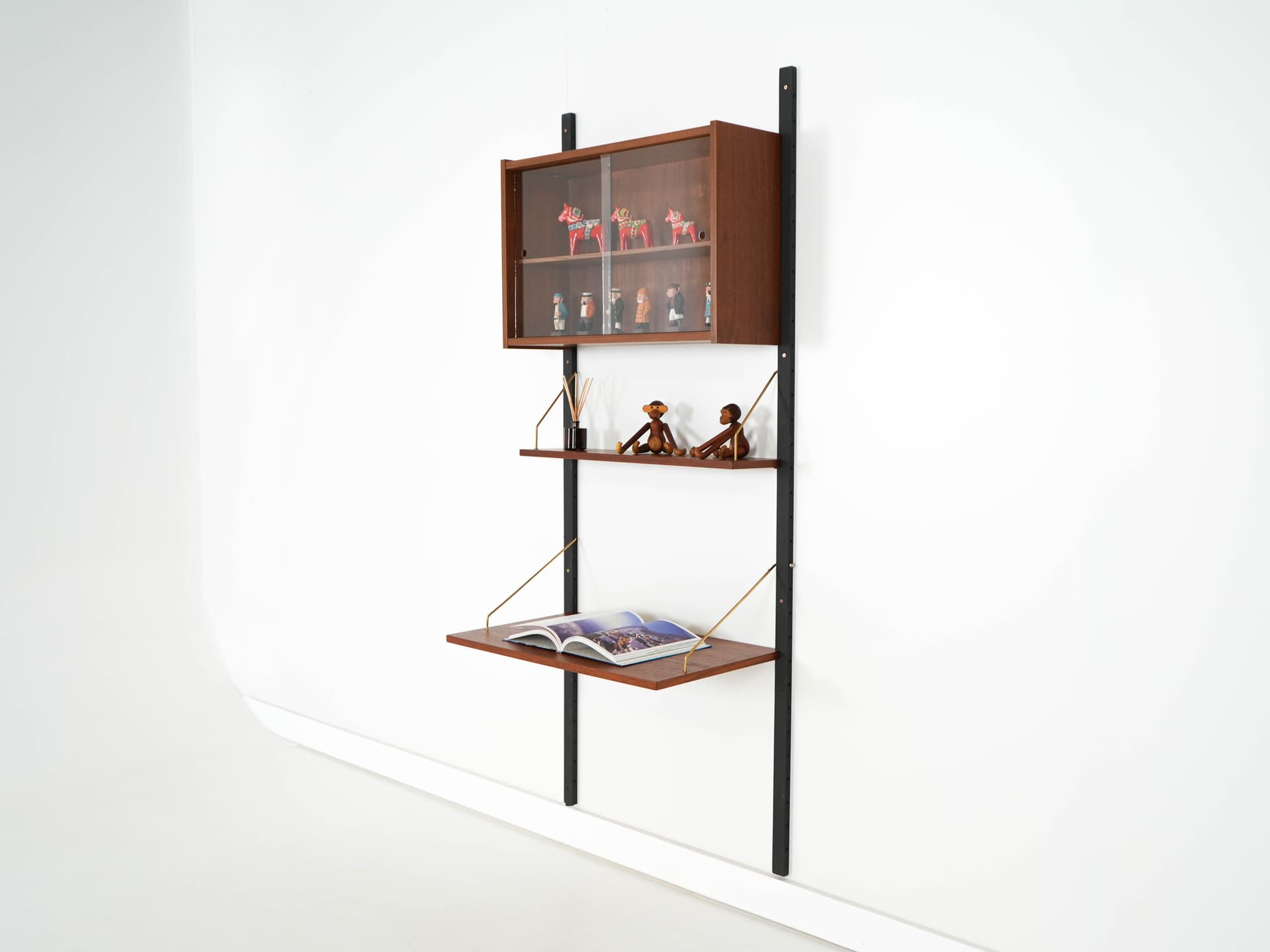 Shelving unit PS System, brown teak, black metal, transparent glass, Randers Møbelfabrik, Denmark, 1960s. - 192554
