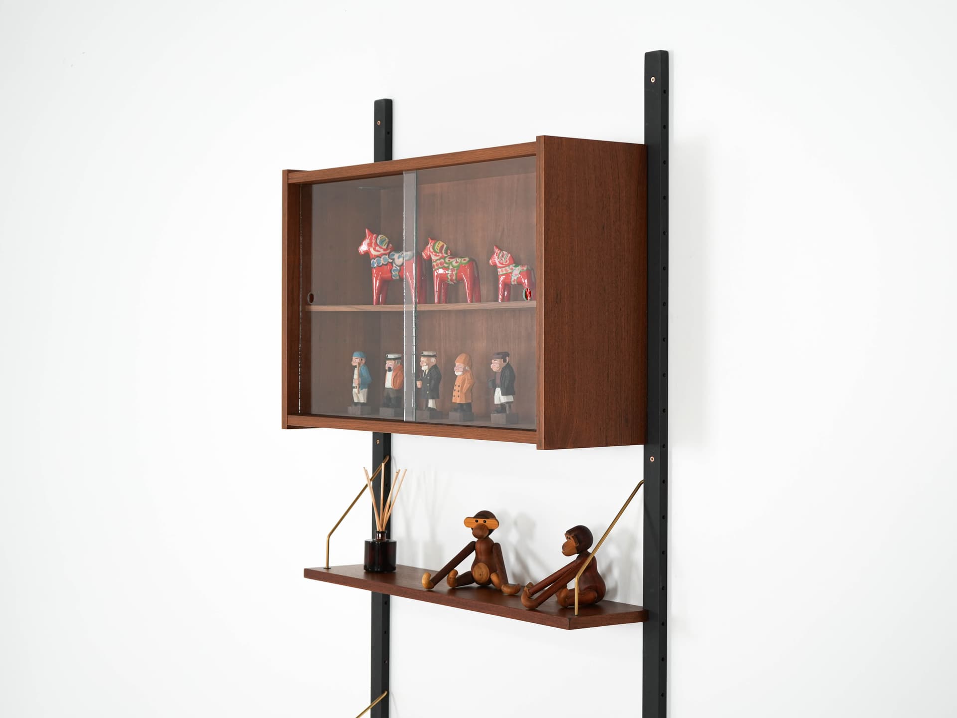 Shelving unit PS System, brown teak, black metal, transparent glass, Randers Møbelfabrik, Denmark, 1960s. - 192555