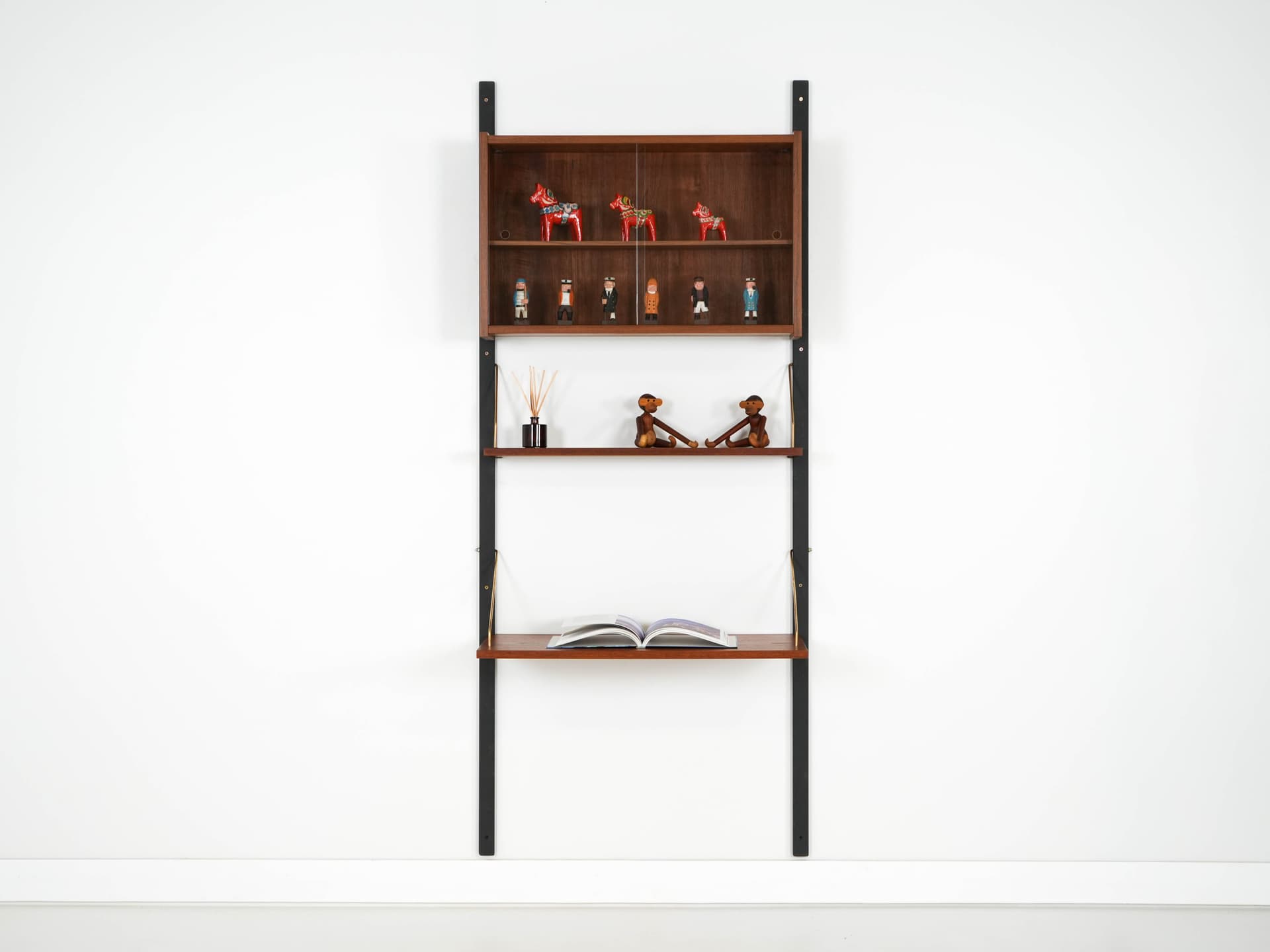 Shelving unit PS System, brown teak, black metal, transparent glass, Randers Møbelfabrik, Denmark, 1960s. - 192553