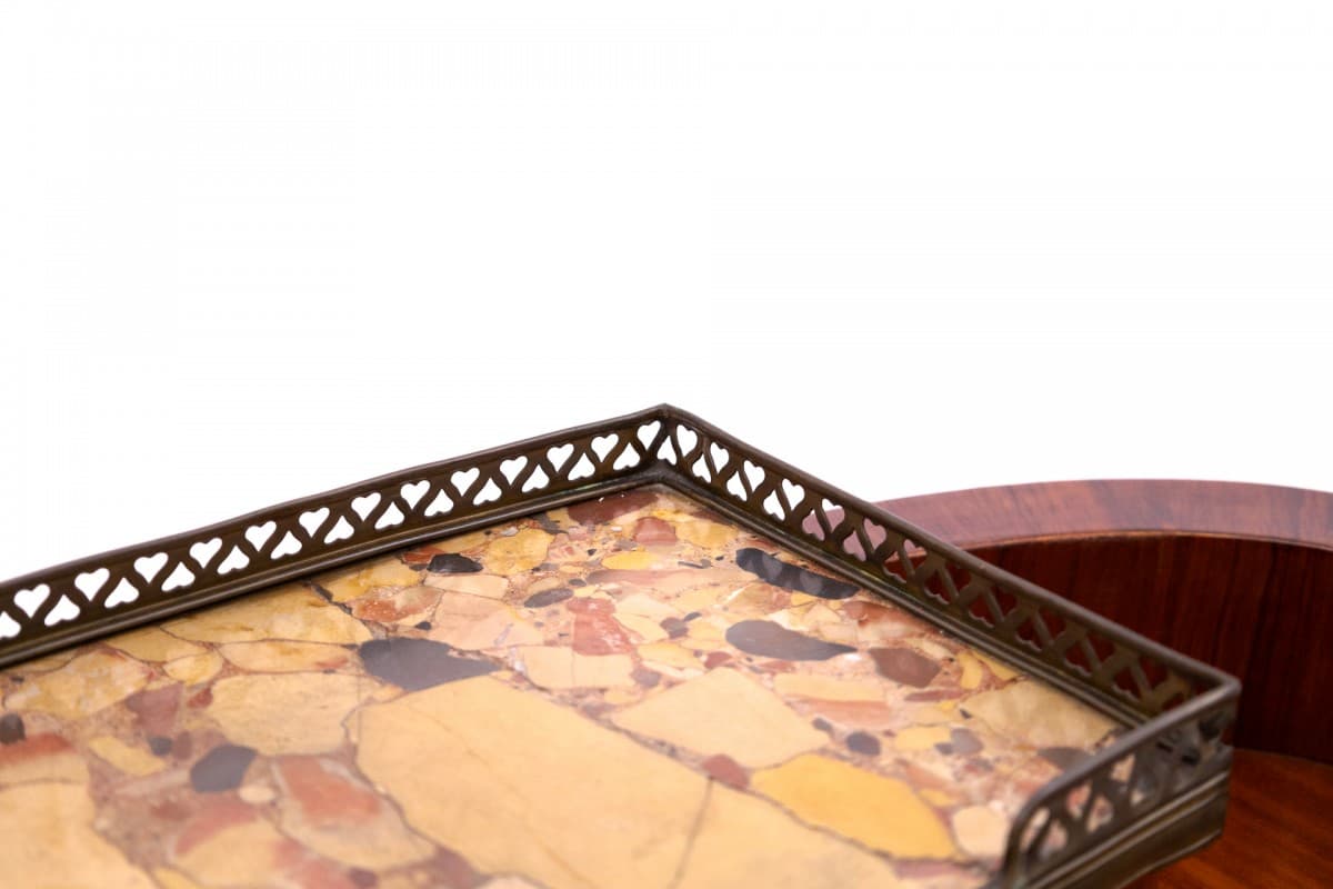 Biurko damskie, styl Ludwika XV, orzech brązowy, skóra czarna, mosiądz złoty, marmur kremowy, Francja, początek XX w. - 192861