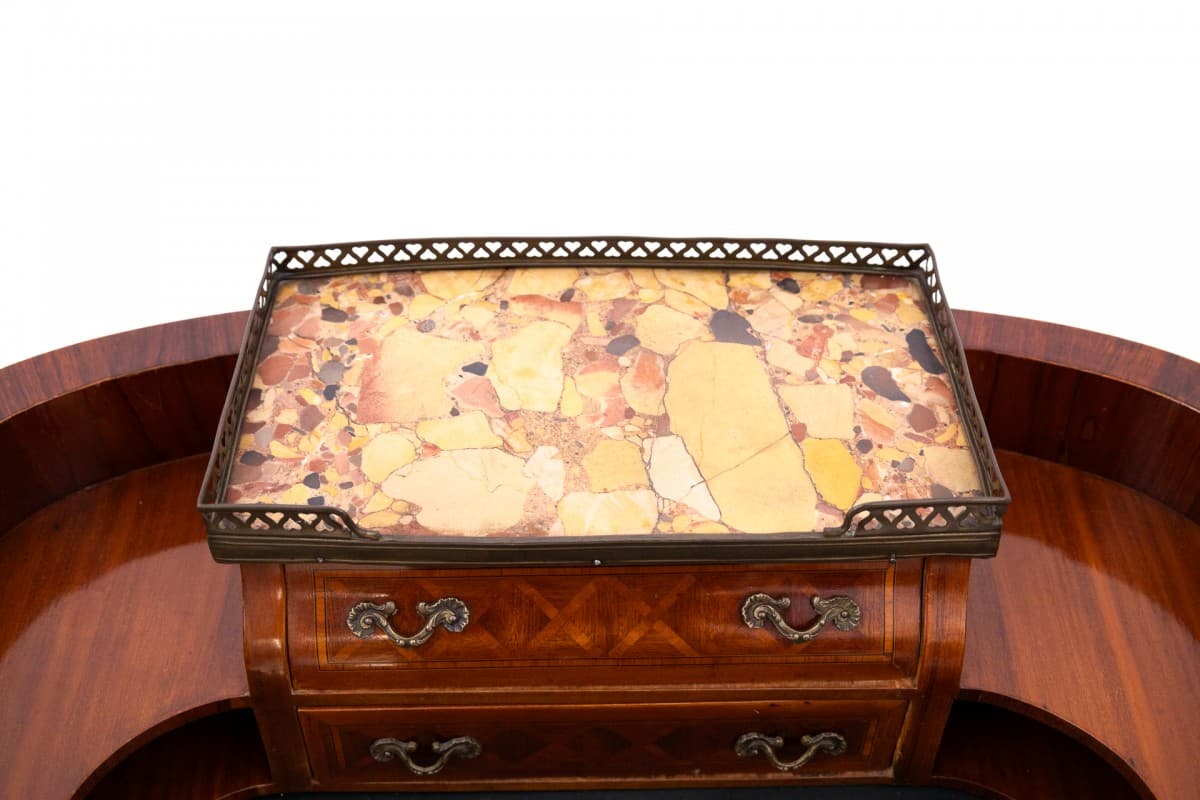 Biurko damskie, styl Ludwika XV, orzech brązowy, skóra czarna, mosiądz złoty, marmur kremowy, Francja, początek XX w. - 192860