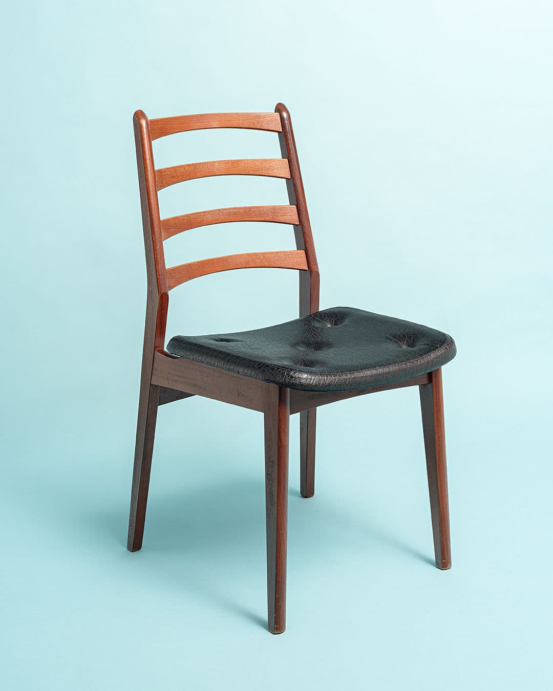 Chair, brown teak, black leather, Casala, Germany, 1970s. - 193511