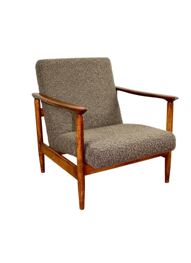 Fotel GFM-142, bouclé brązowy ciemny, drewno, proj. E. Homa, Polska, lata 70. - WYMIARY