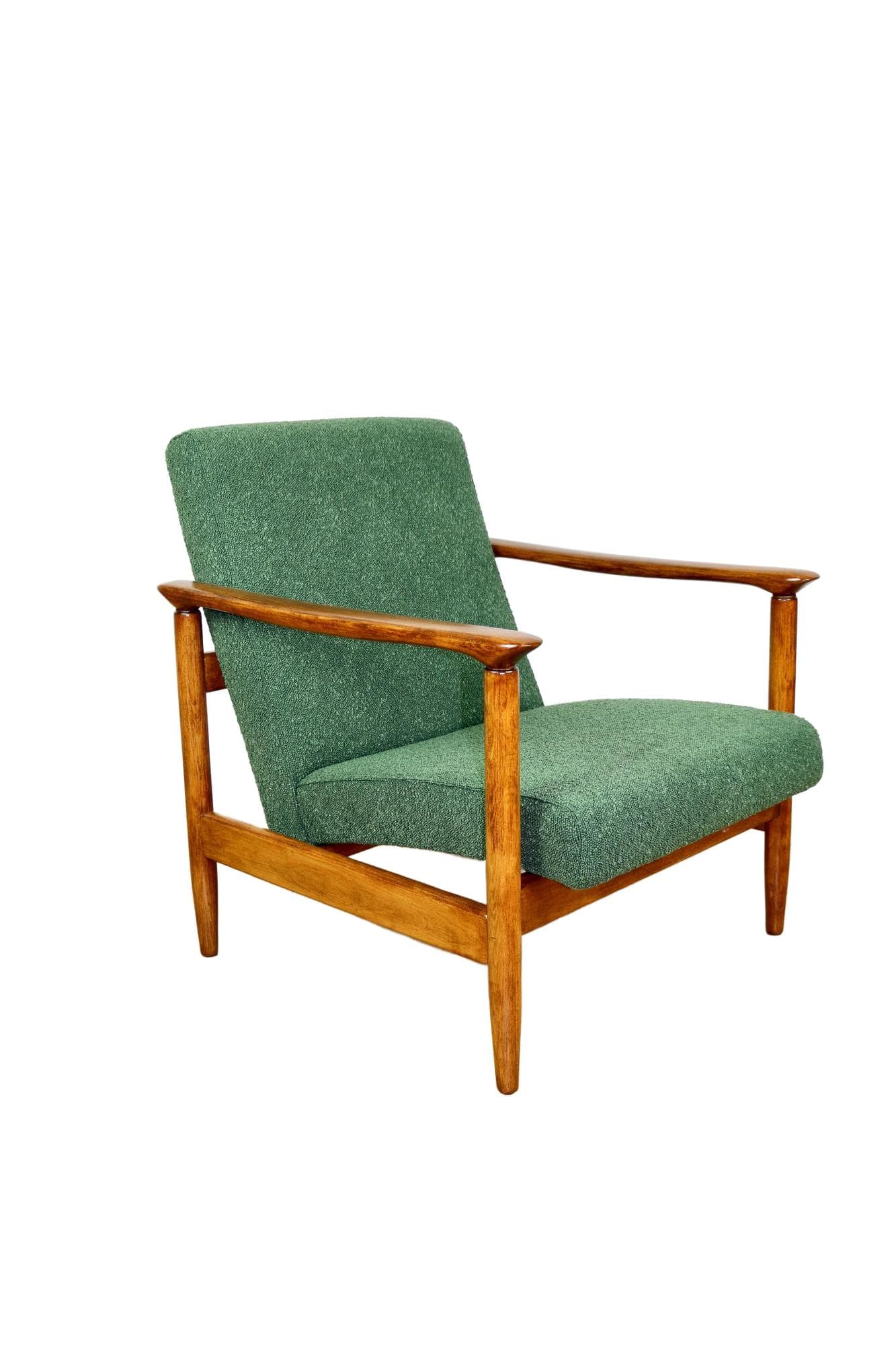 Fotel GFM-142, bouclé zielony, drewno, proj. E. Homa, Polska, lata 70.