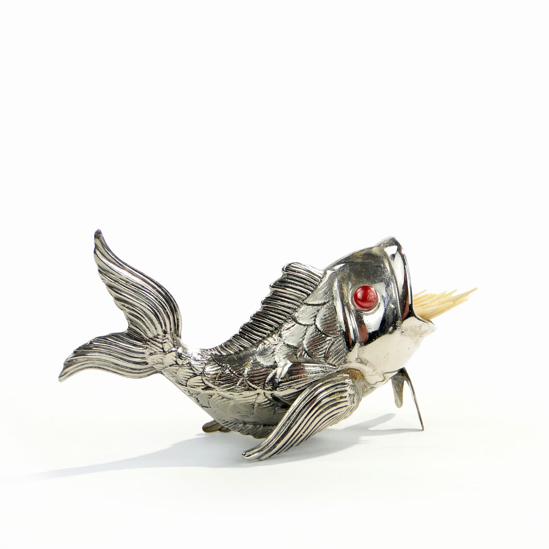 Postument na wykałaczki ryba, art déco, metal srebrny, Hiszpania, lata 50. - 193990