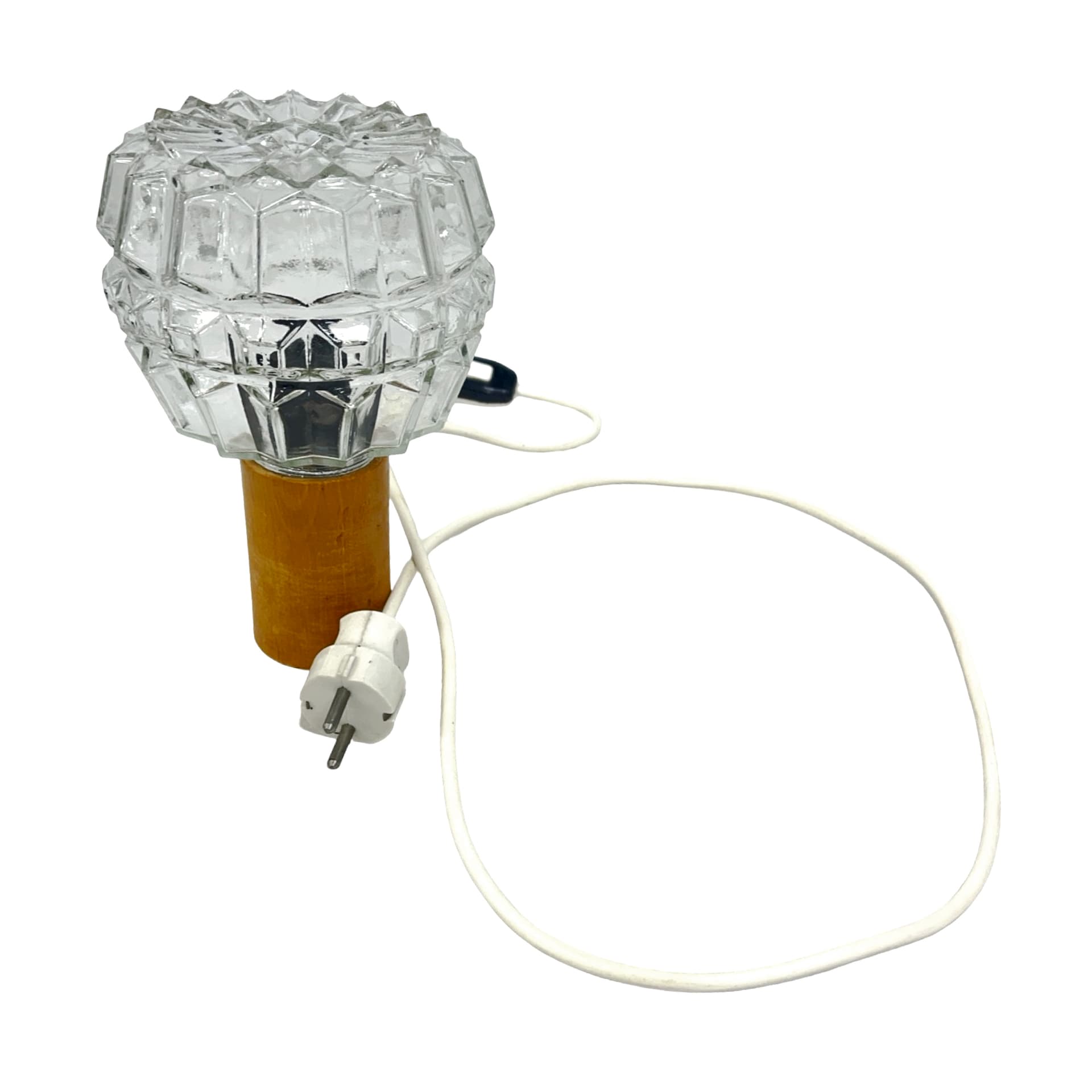 Lampka stołowa, prasowane szkło transparentne, drewno jasnobrązowe, AKA Leuchten, Niemcy, lata 70. - 194020