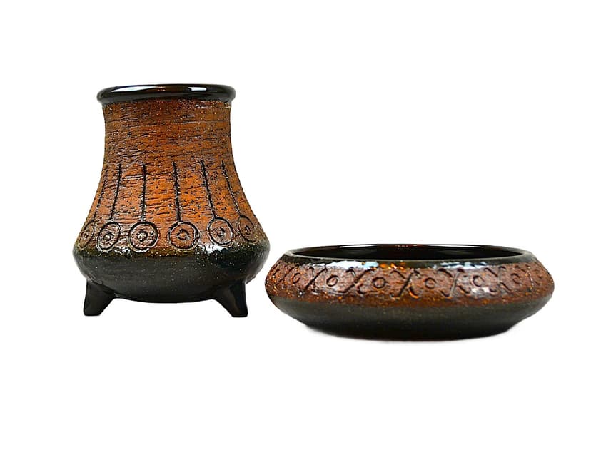 Set of decorative vessels, brown black, ceramics, by E. Bjerény, Sweden, 1960s.