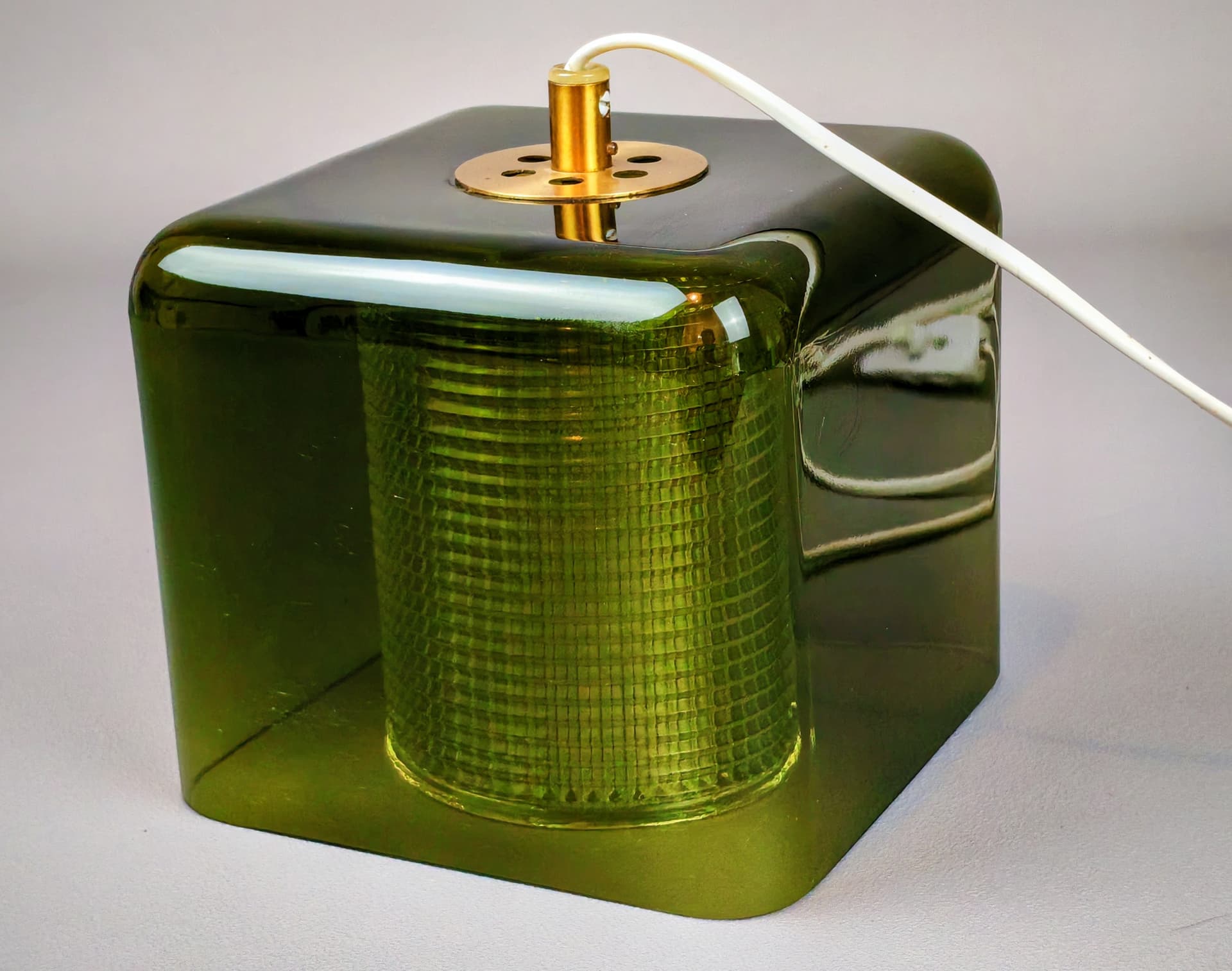 Ceiling lamp, olive green glass, by C. Fagerlund, Orrefors, Sweden, 1960s. - 194596