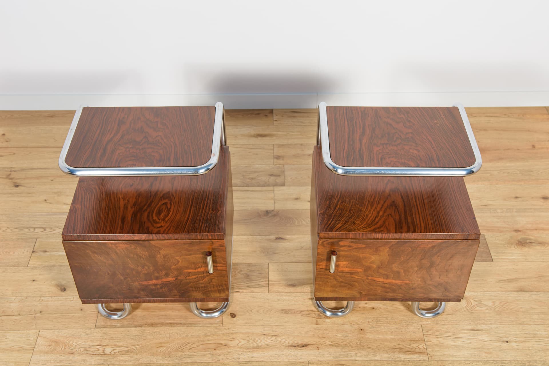 Pair of Bauhaus nightstands, walnut dark brown, chrome steel, Mücke-Melder, Czechoslovakia, 1930s. - 194635