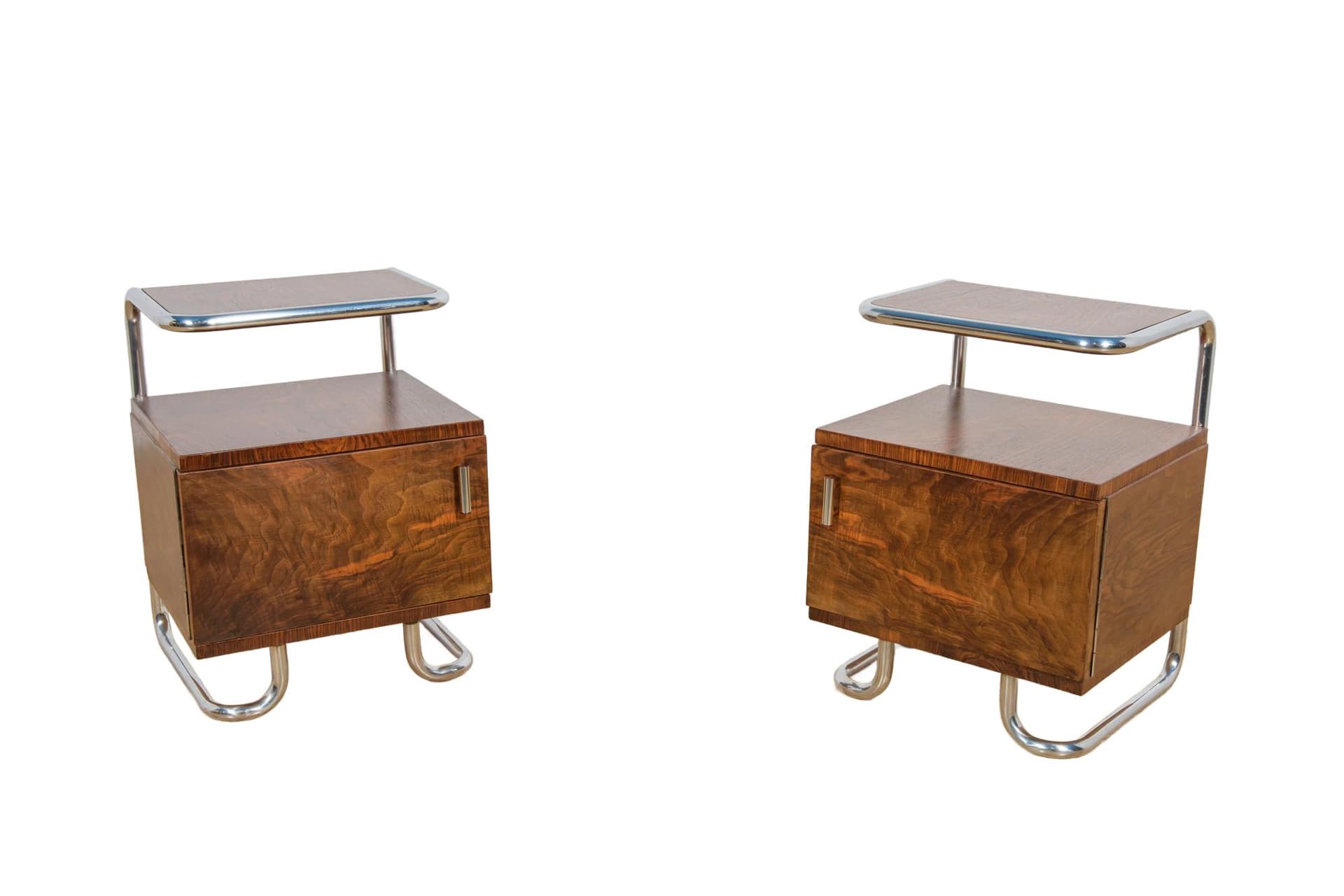 Pair of Bauhaus nightstands, walnut dark brown, chrome steel, Mücke-Melder, Czechoslovakia, 1930s.