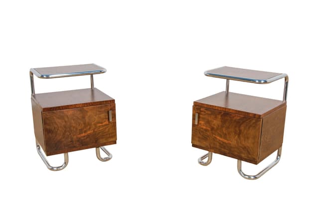 Pair of Bauhaus nightstands, walnut dark brown, chrome steel, Mücke-Melder, Czechoslovakia, 1930s. - DIMENSION