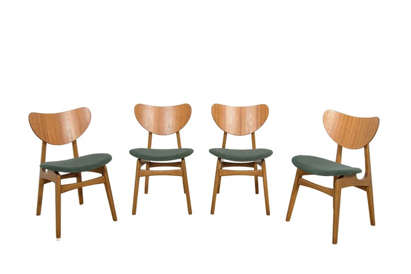Komplet czterech krzeseł Librenza, beech brązowy, teak brązowy, tkanina zielona, G-Plan, Wielka Brytania, lata 60.