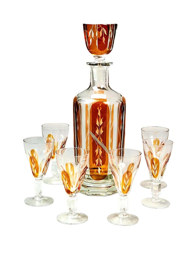 Zestaw kieliszków z karafką, art déco, szkło kryształowe przezroczyste bursztynowy, Europa, początek XX w. - WYMIARY