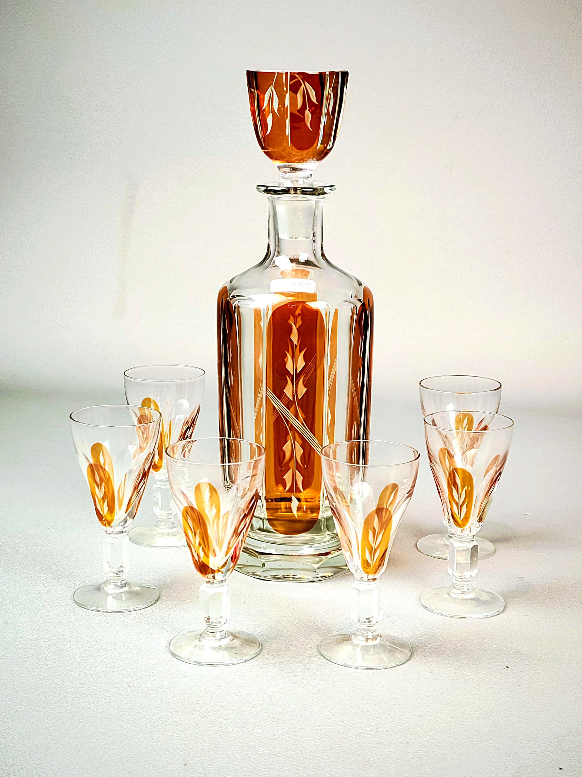 Zestaw kieliszków z karafką, art déco, szkło kryształowe przezroczyste bursztynowy, Europa, początek XX w. - 194887