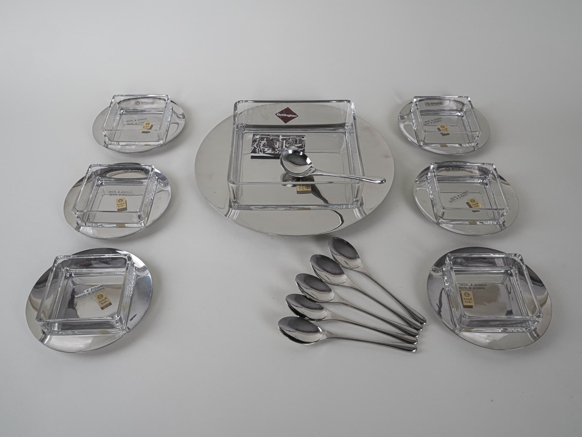 Komplet deserowy, szkło przezroczyste, stal nierdzewna srebrna, Włochy, lata 70. - 195903