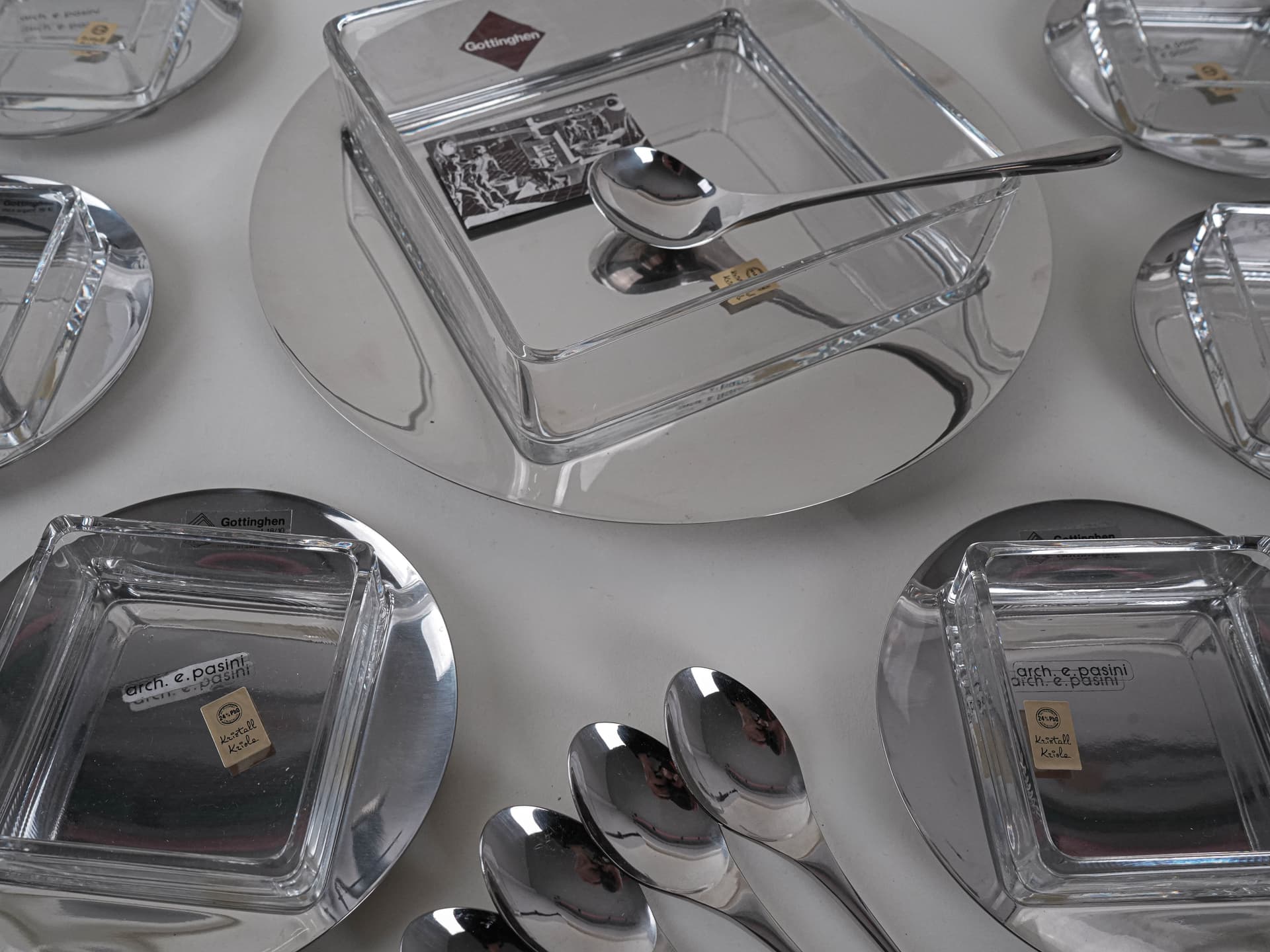 Komplet deserowy, szkło przezroczyste, stal nierdzewna srebrna, Włochy, lata 70. - 195904