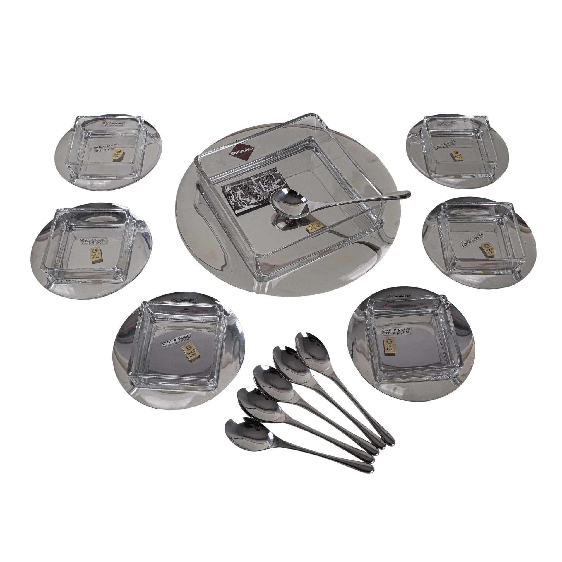 Komplet deserowy, szkło przezroczyste, stal nierdzewna srebrna, Włochy, lata 70.