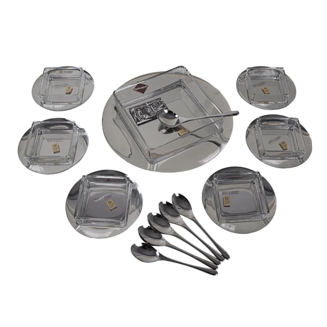 Komplet deserowy, szkło przezroczyste, stal nierdzewna srebrna, Włochy, lata 70. - WYMIARY