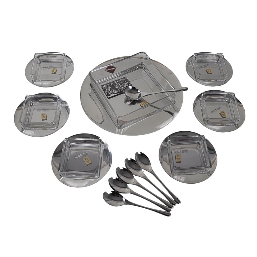 Komplet deserowy, szkło przezroczyste, stal nierdzewna srebrna, Włochy, lata 70.