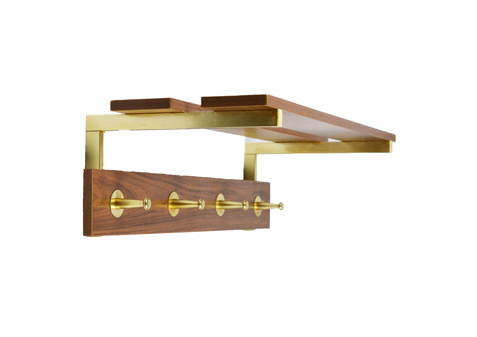 Wall-mounted coat rack, light brown wood, brass, 1970s.
