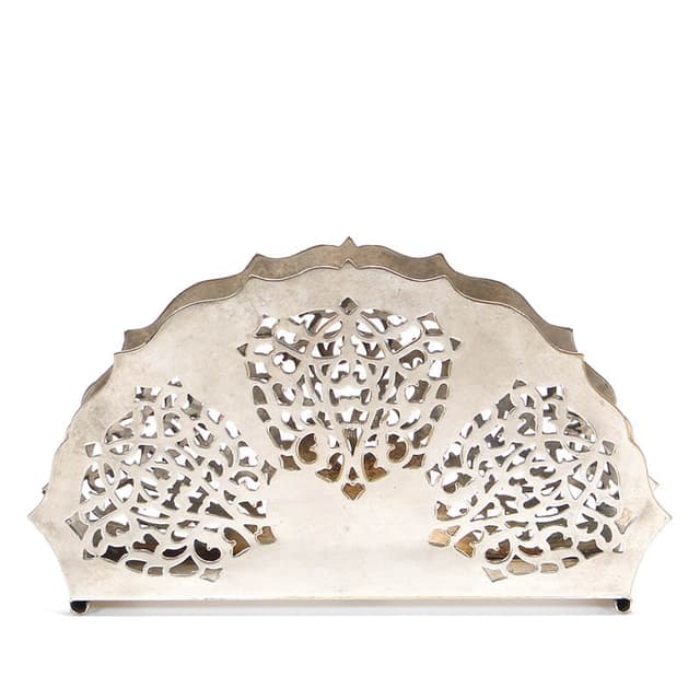 Serwetnik wachlarz, art déco, mosiądz srebrny, Bracia Henneberg, Polska, lata 20. - WYMIARY