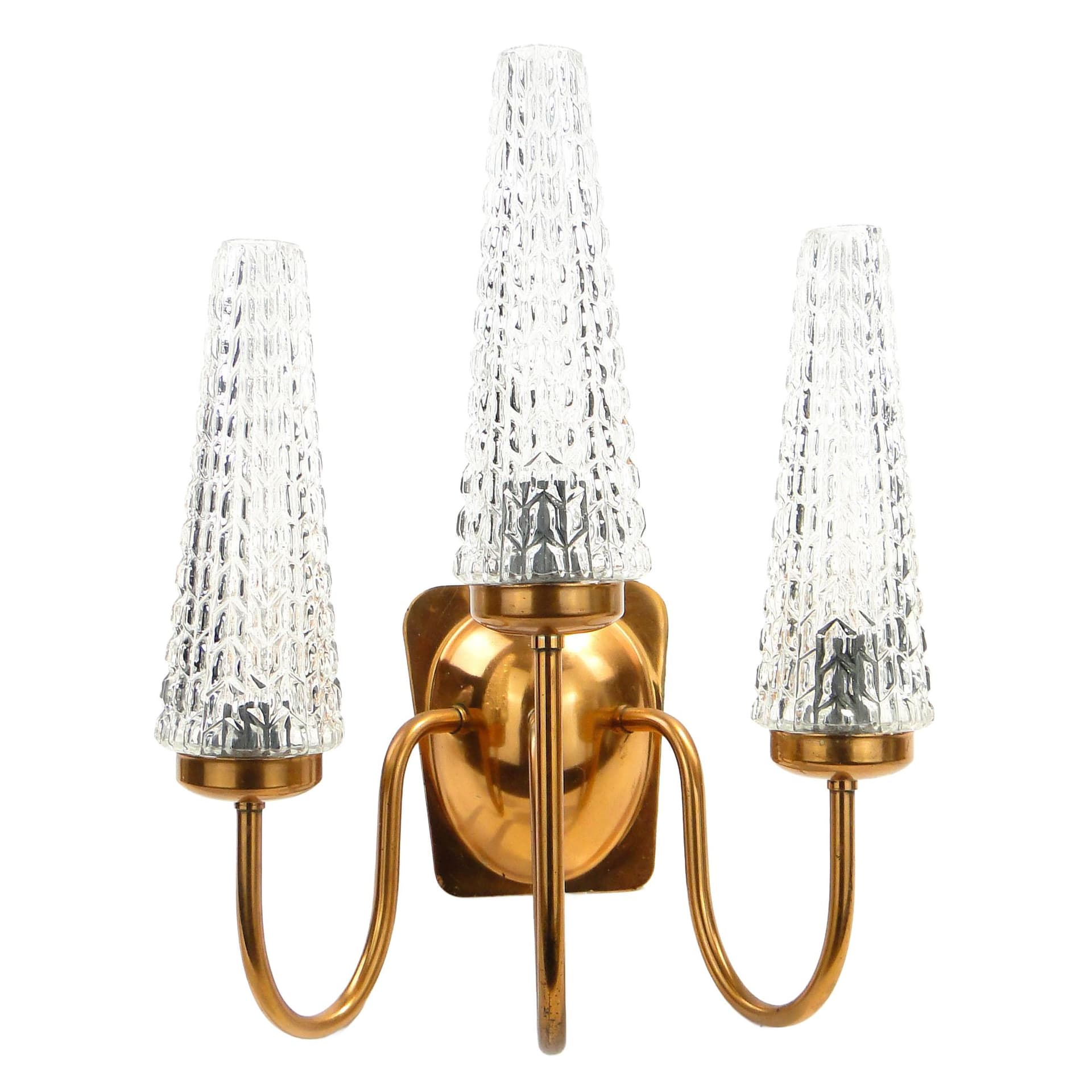 Kinkiet trójramienny, miedź, szkło, Polska, lata 70.