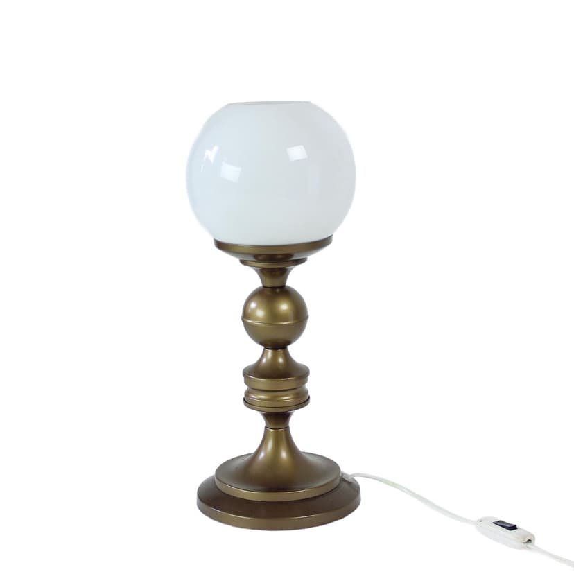 Lampa stołowa, złoty metal, szkło białe, lata 50.