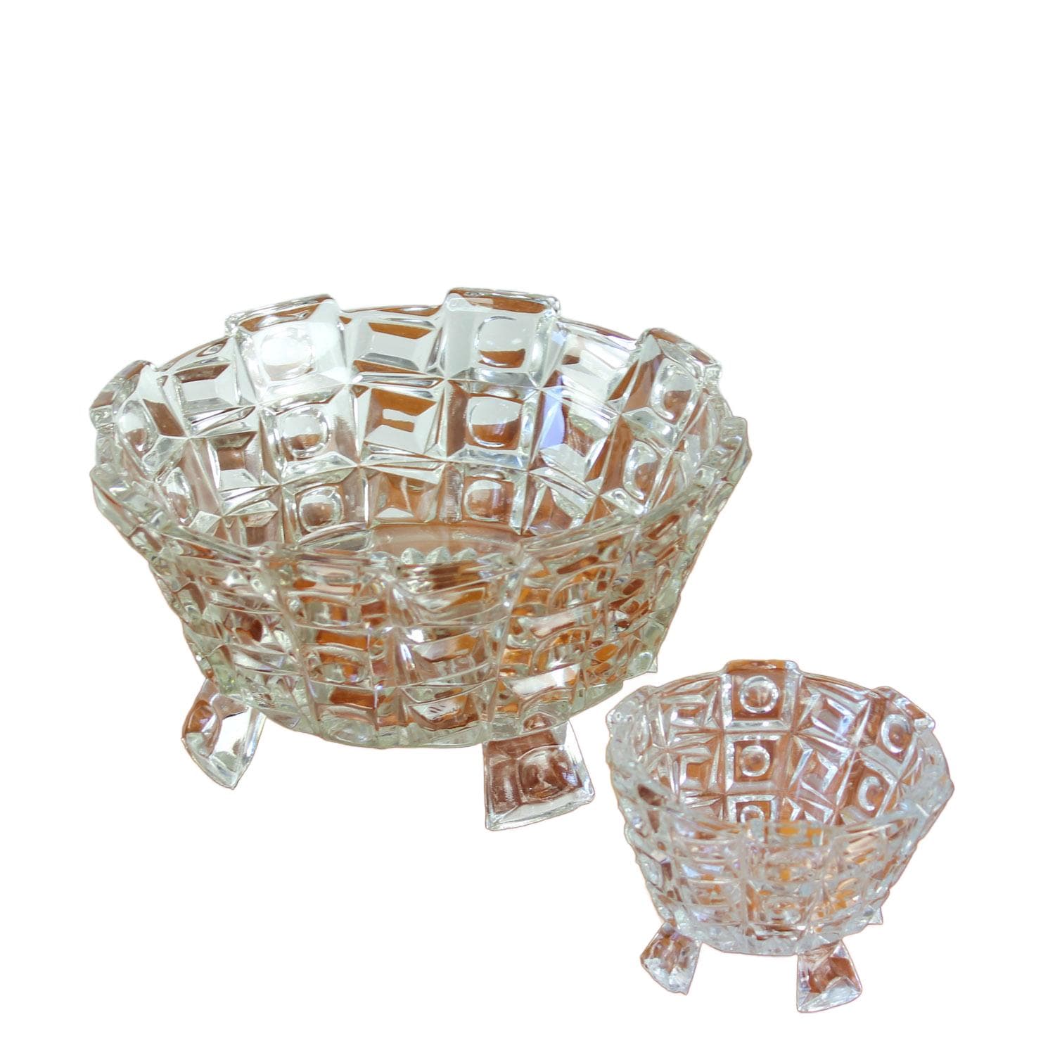 Set of Two Art Deco Bowls, transparent glass, Libochovice, Czechoslovakia, 1930s.