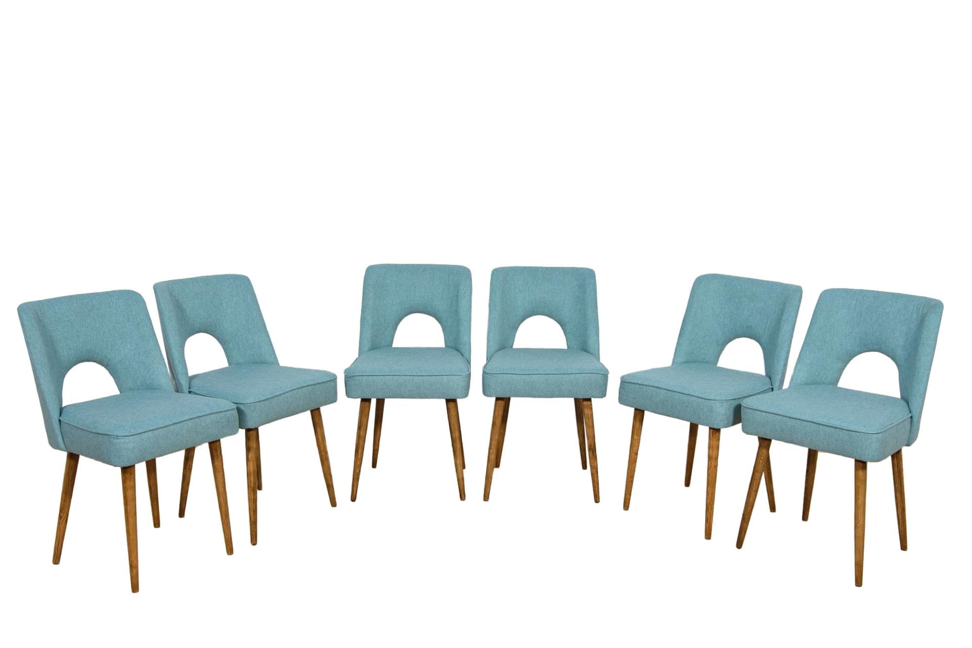 Komplet sześciu krzeseł Muszelka, drewno orzech, tkanina niebieska, Polska, lata 60.