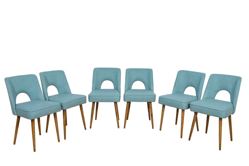 Komplet sześciu krzeseł Muszelka, drewno orzech, tkanina niebieska, Polska, lata 60.