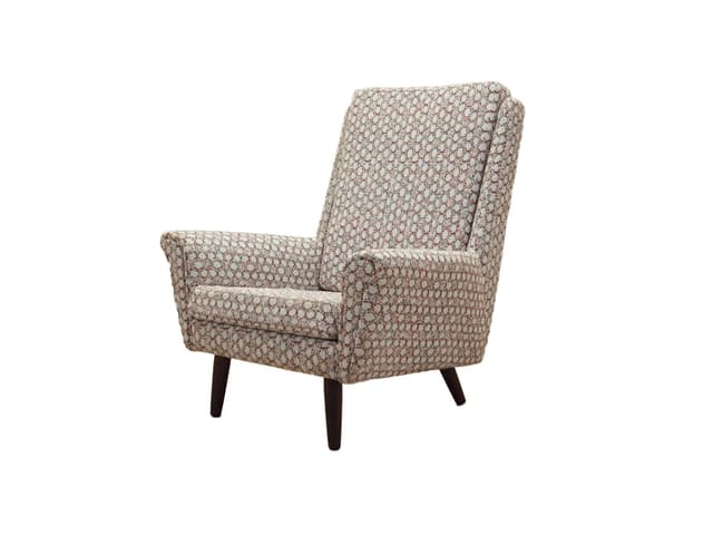 Lounge chair, Danish design, multicolor fabric, dark brown wood, Denmark, 1970s. - DIMENSION