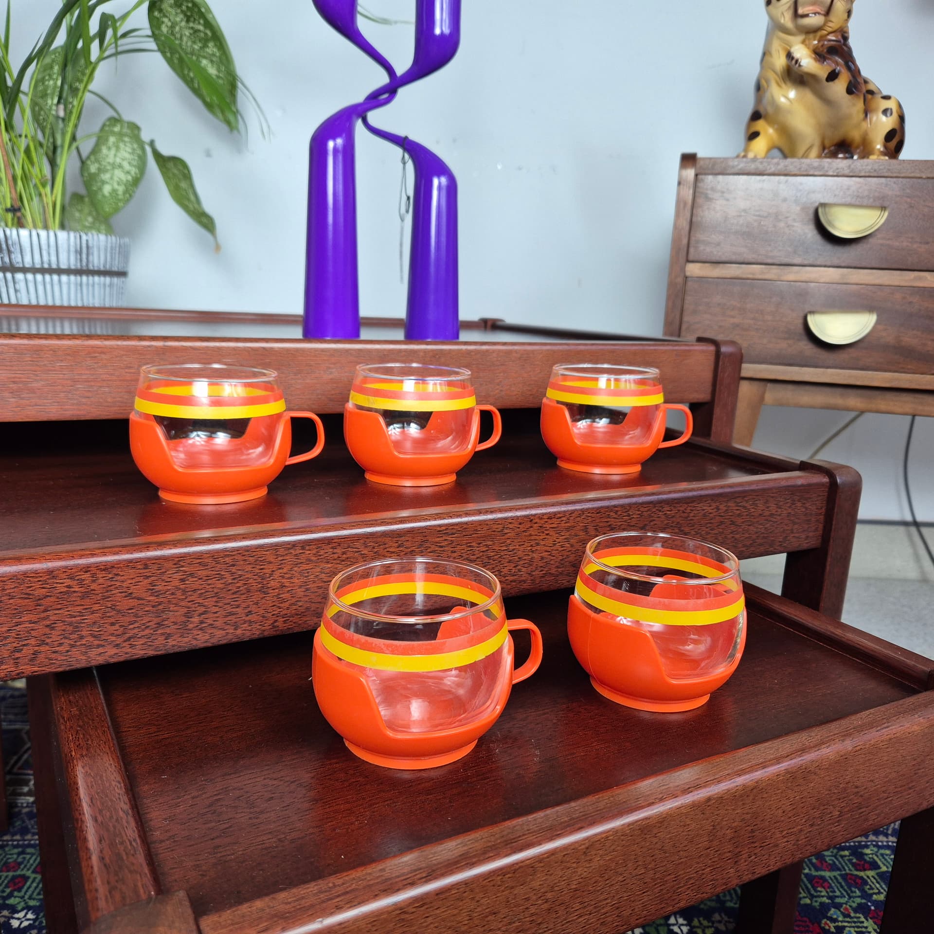 Komplet szklanek, multicolor szkło, plastik pomarańczowy, Niemcy, lata 60. - 197039