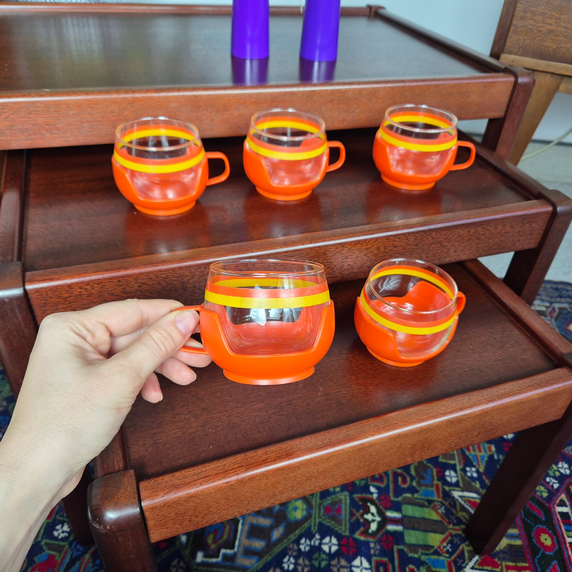 Komplet szklanek, multicolor szkło, plastik pomarańczowy, Niemcy, lata 60. - 197046