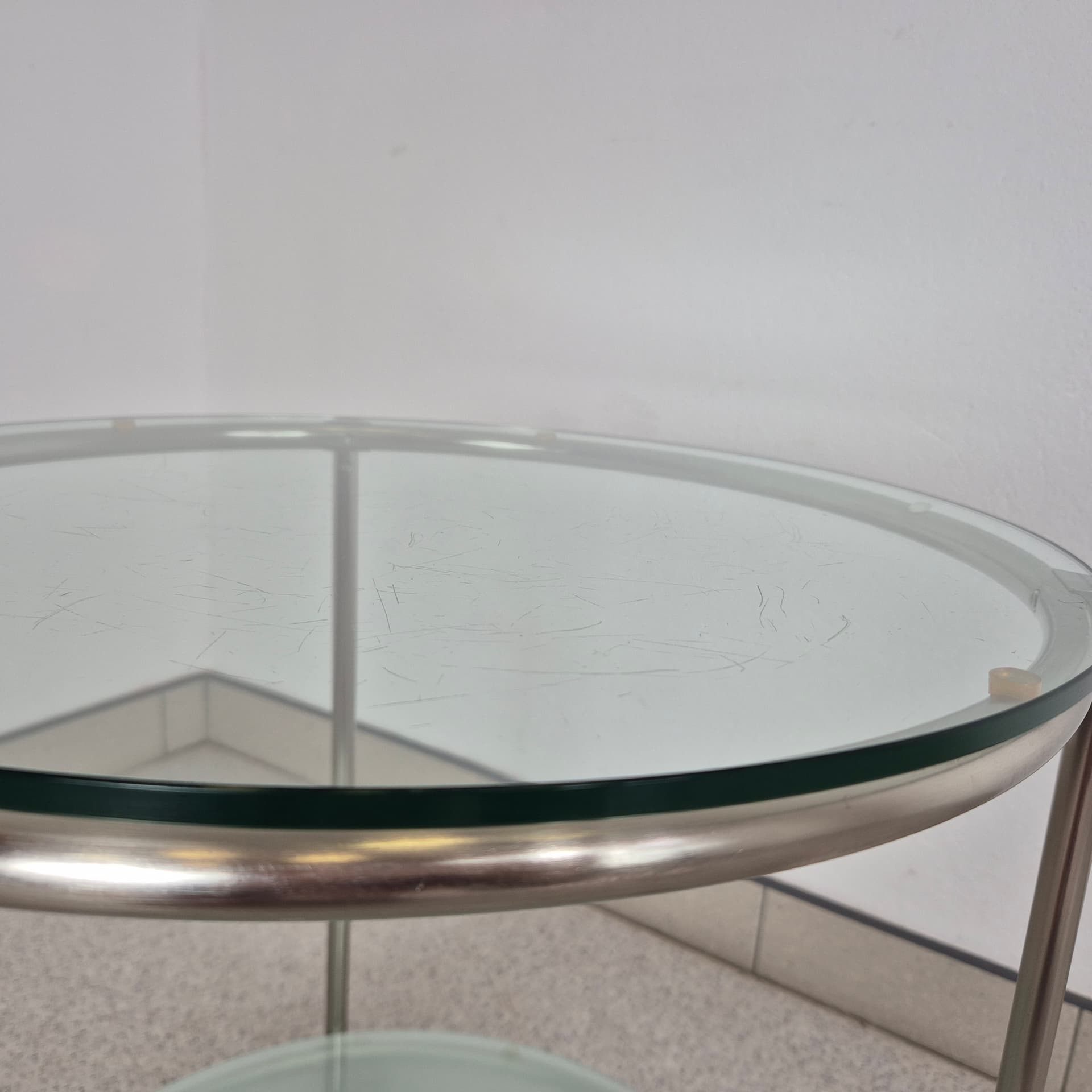 Stolik Strind, szkło transparent, metal chromowany, proj. E. Johansson, Ikea, Szwecja, lata 80. - 197067