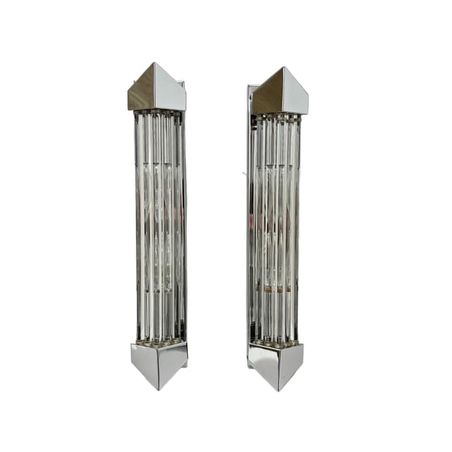 Para kinkietów, chromowana stal srebrna, szkło przezroczyste, Włochy, lata 80. - WYMIARY