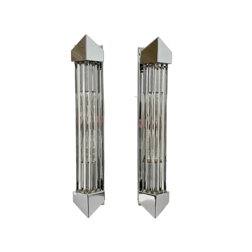 Para kinkietów, chromowana stal srebrna, szkło przezroczyste, Włochy, lata 80.