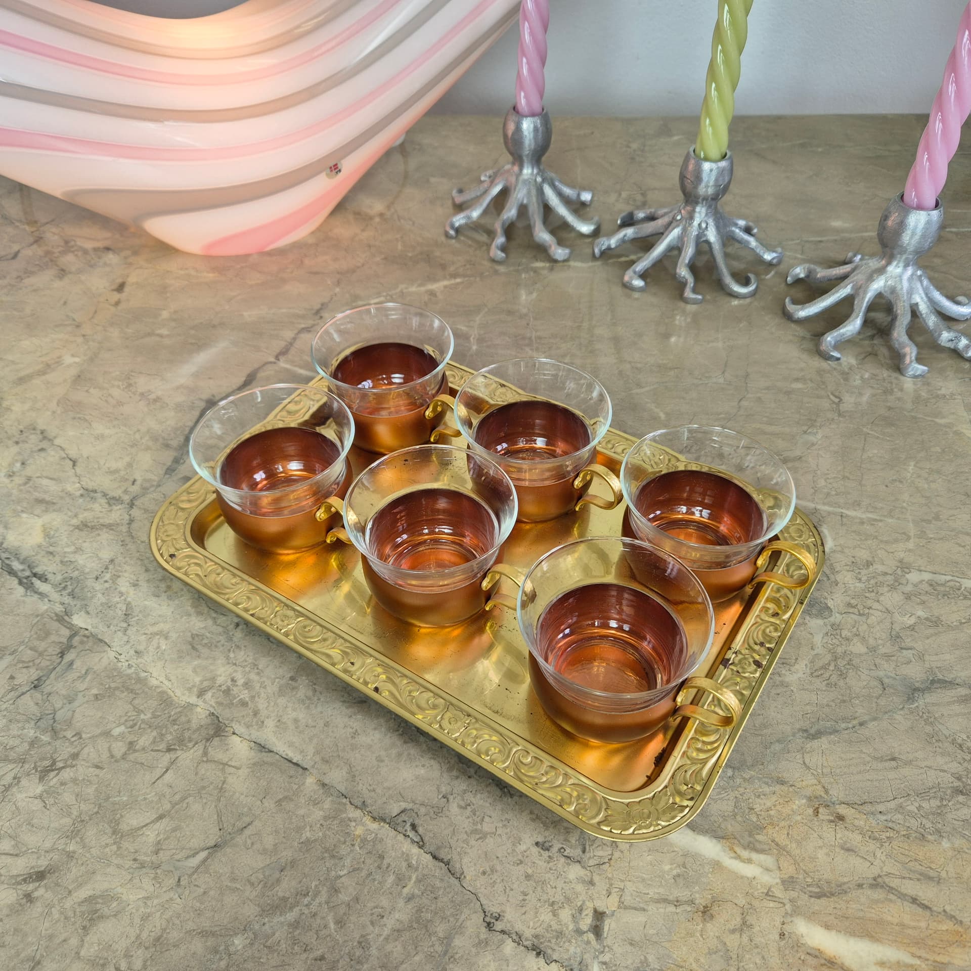 Komplet szklanek z tacą, szkło transparentne, miedź, mosiądz złoty, Schott & Mainz, Niemcy, lata 70. - 197506