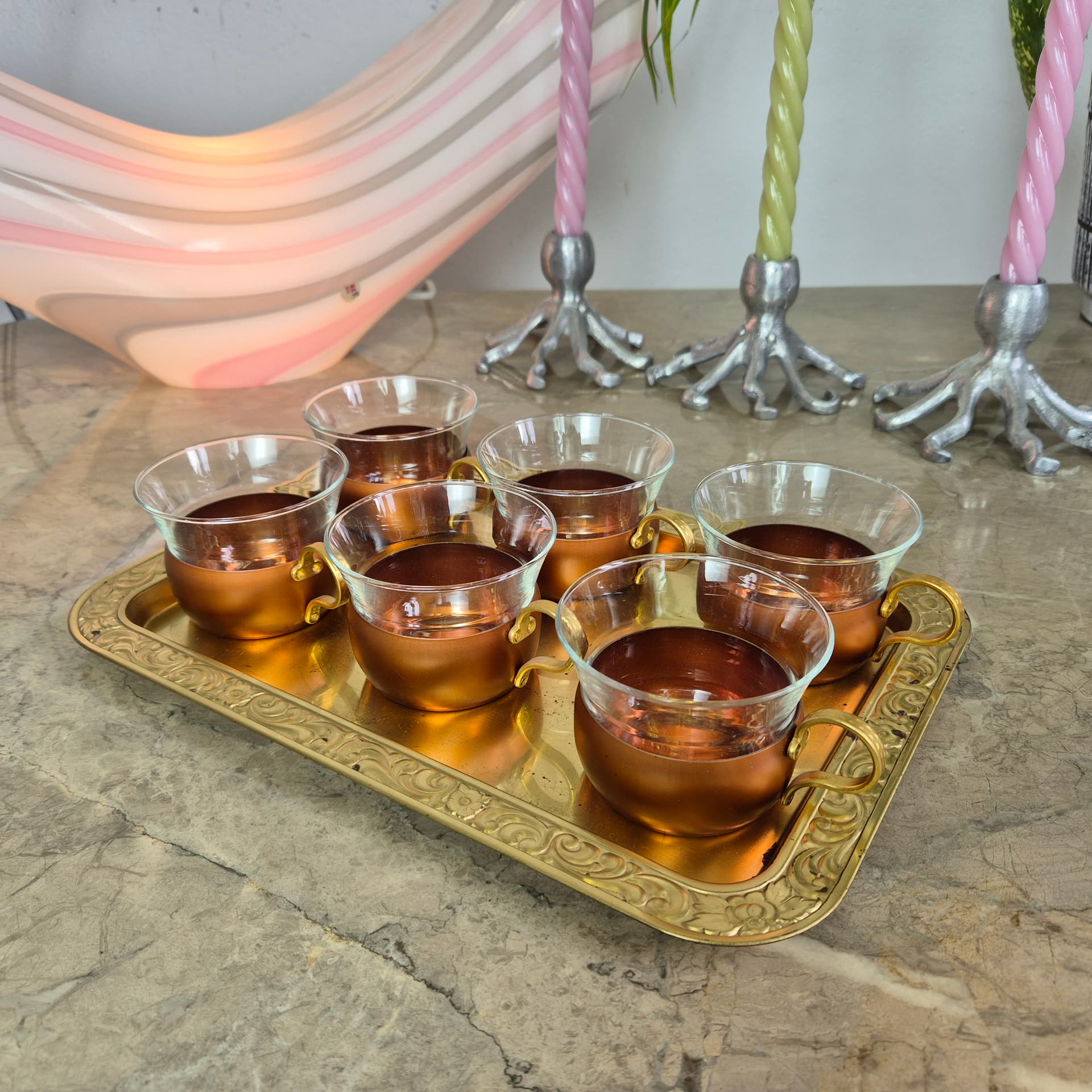Komplet szklanek z tacą, szkło transparentne, miedź, mosiądz złoty, Schott & Mainz, Niemcy, lata 70. - 197497