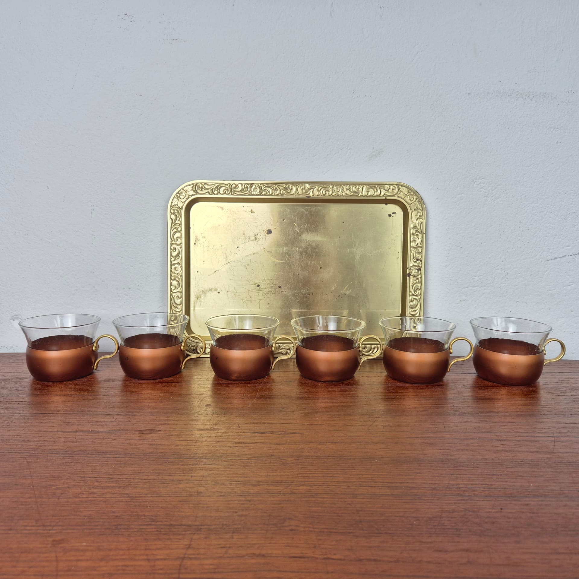 Komplet szklanek z tacą, szkło transparentne, miedź, mosiądz złoty, Schott & Mainz, Niemcy, lata 70. - 197504