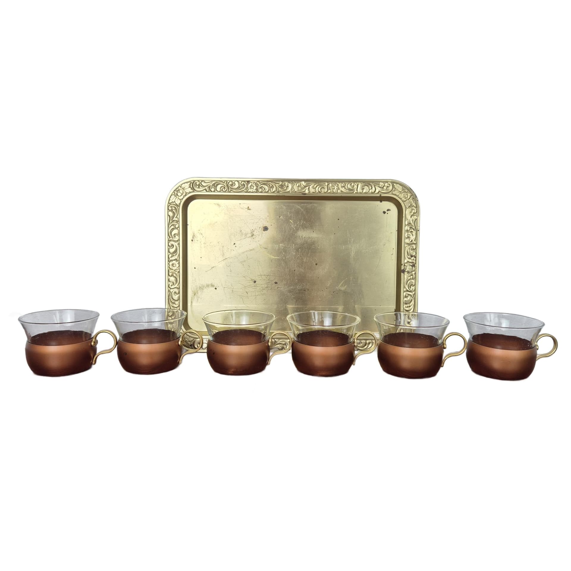 Komplet szklanek z tacą, szkło transparentne, miedź, mosiądz złoty, Schott & Mainz, Niemcy, lata 70.
