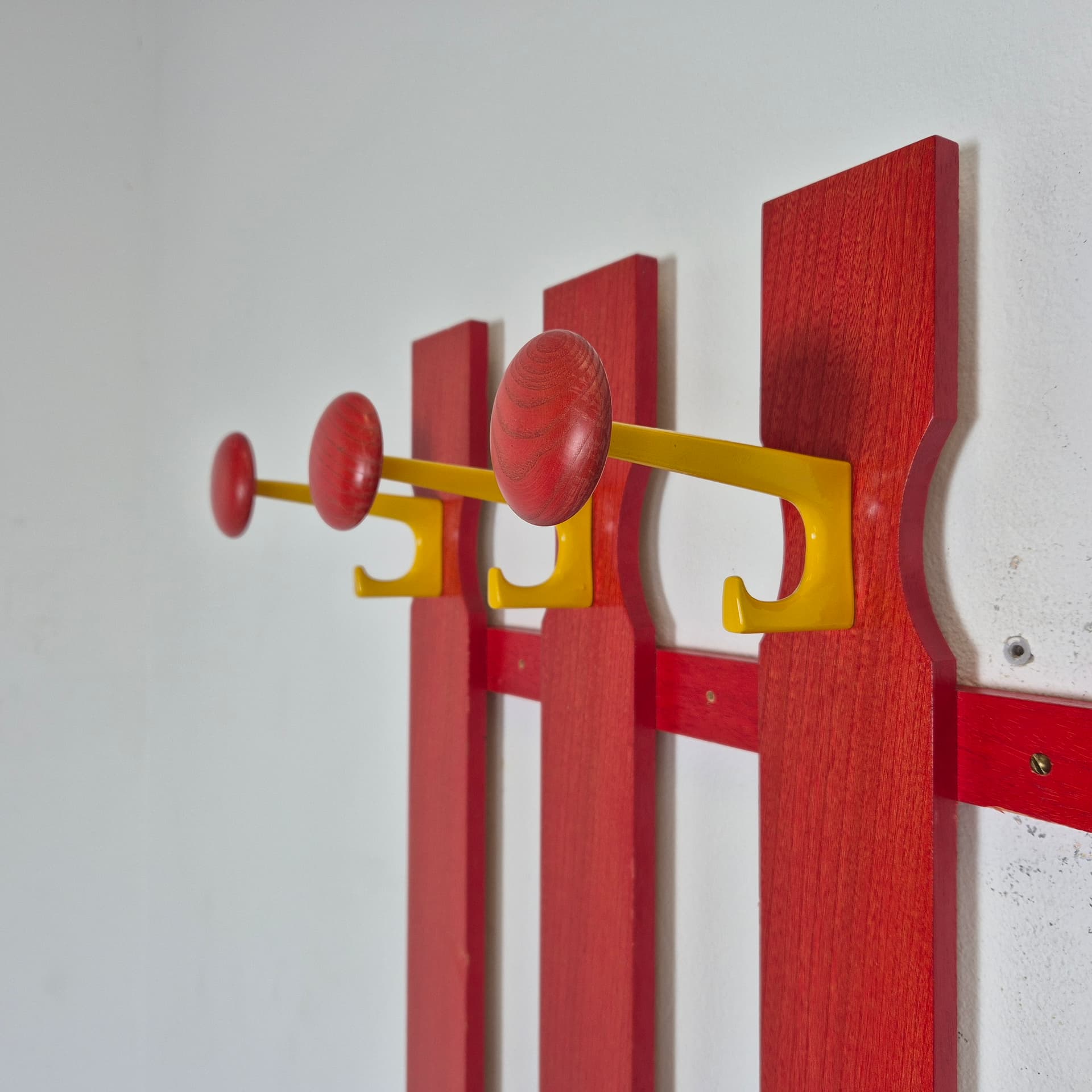 Wall-Mounted Coat Rack Memphis, red, wood metal glass, Germany, 1970s. - 197812