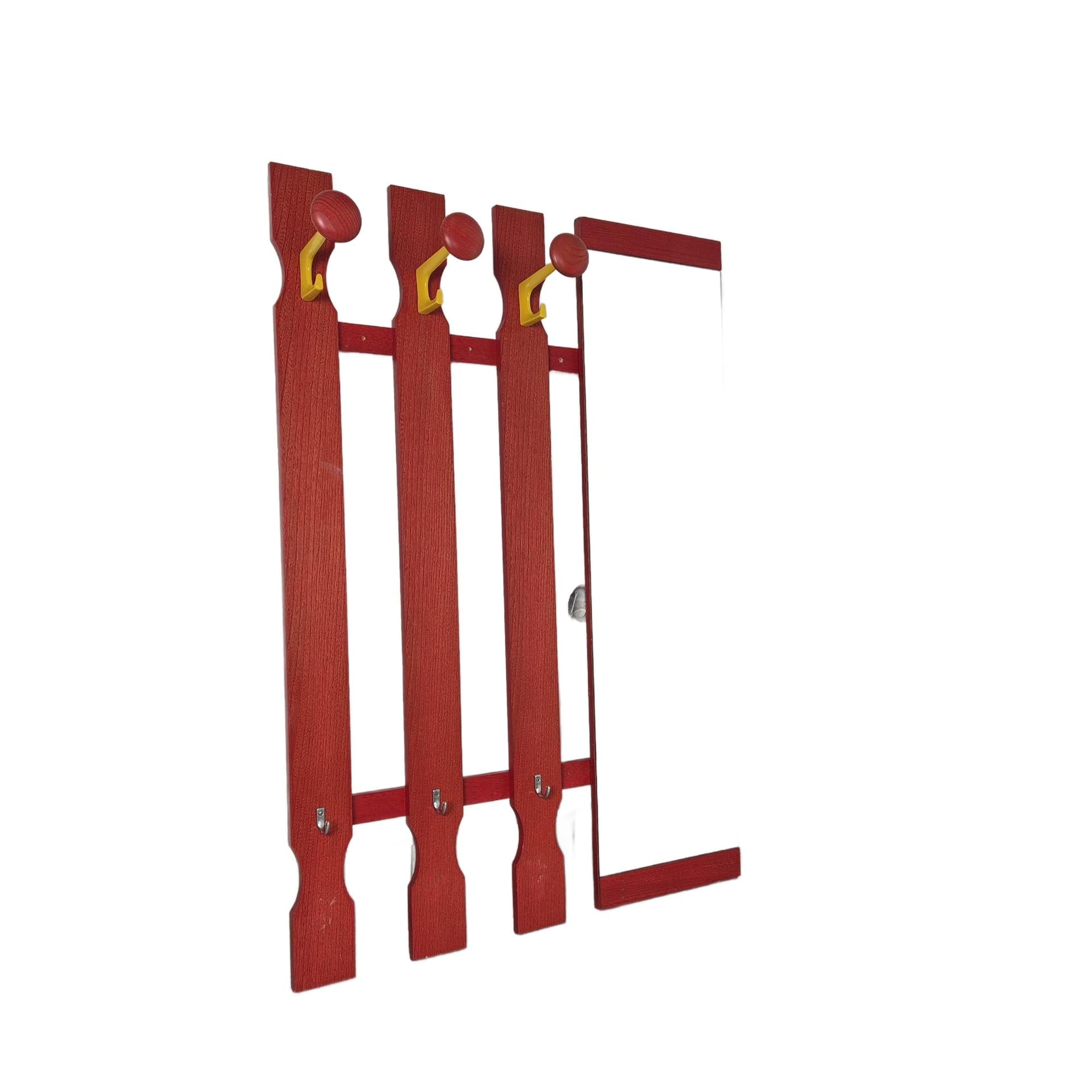 Wall-Mounted Coat Rack Memphis, red, wood metal glass, Germany, 1970s.