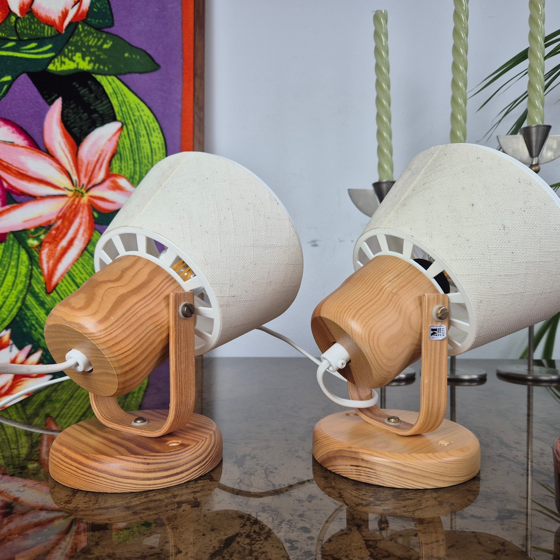 Para kinkietów Kinna, sosna, tkanina ivory white, Markslöjd, Szwecja, lata 70. - 197858