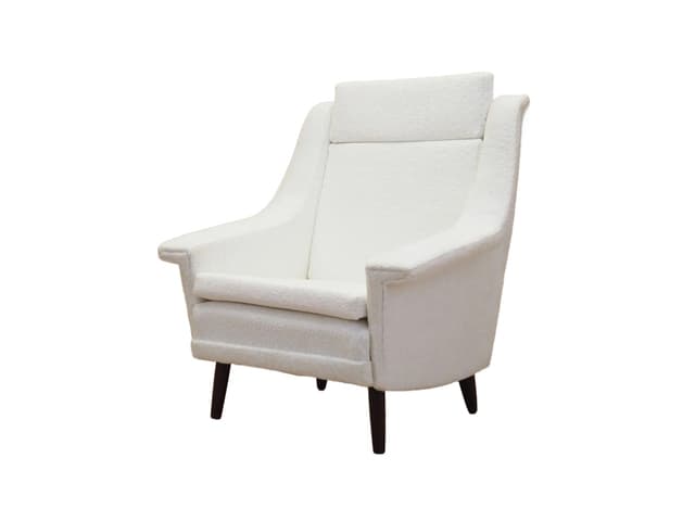 Fotel, tkanina biała, drewno brązowy, Dania, lata 70. - WYMIARY