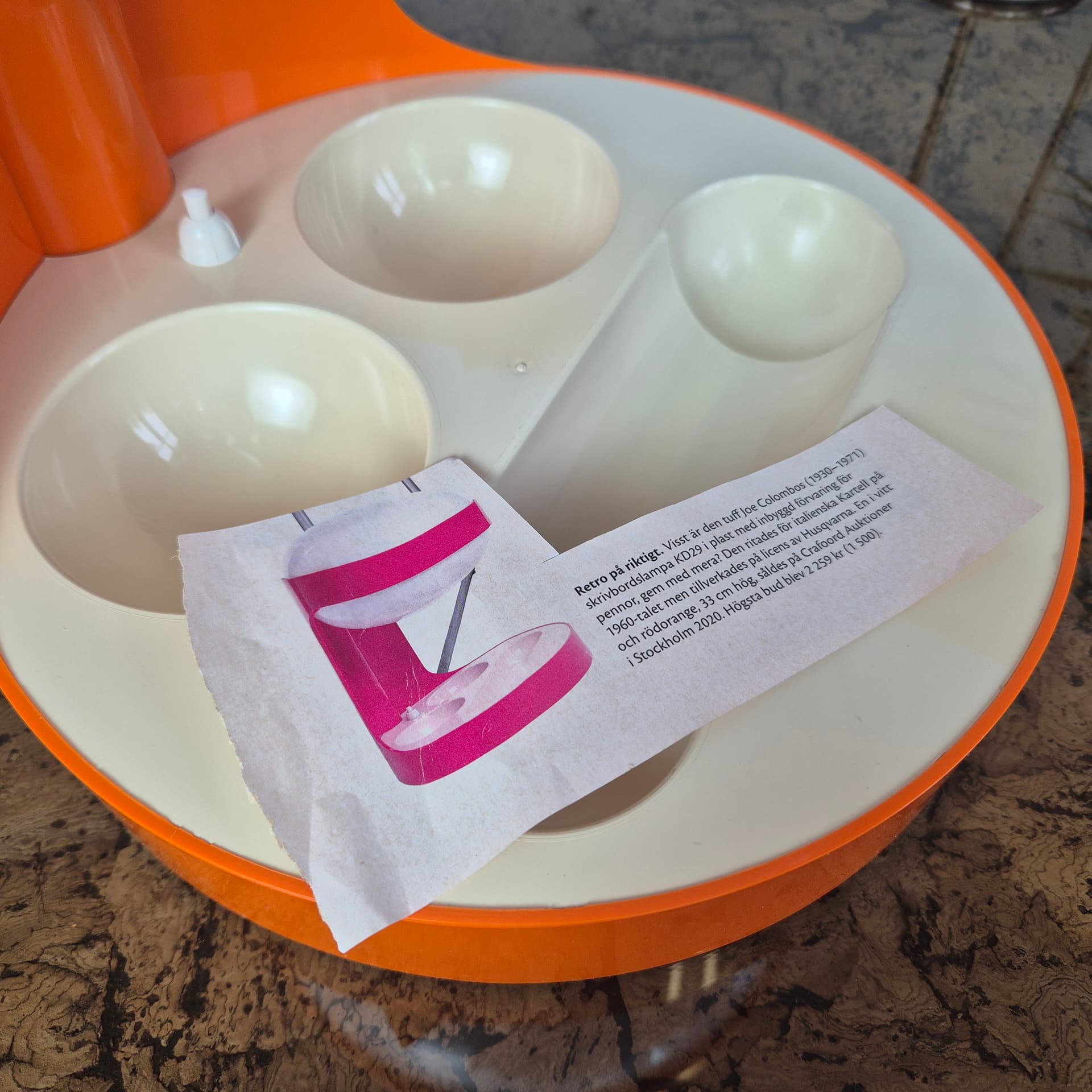 Lampa KD29, pomarańczowy, plastik, proj. J. Colombo, Husqvarna, Szwecja, lata 70. - 198001