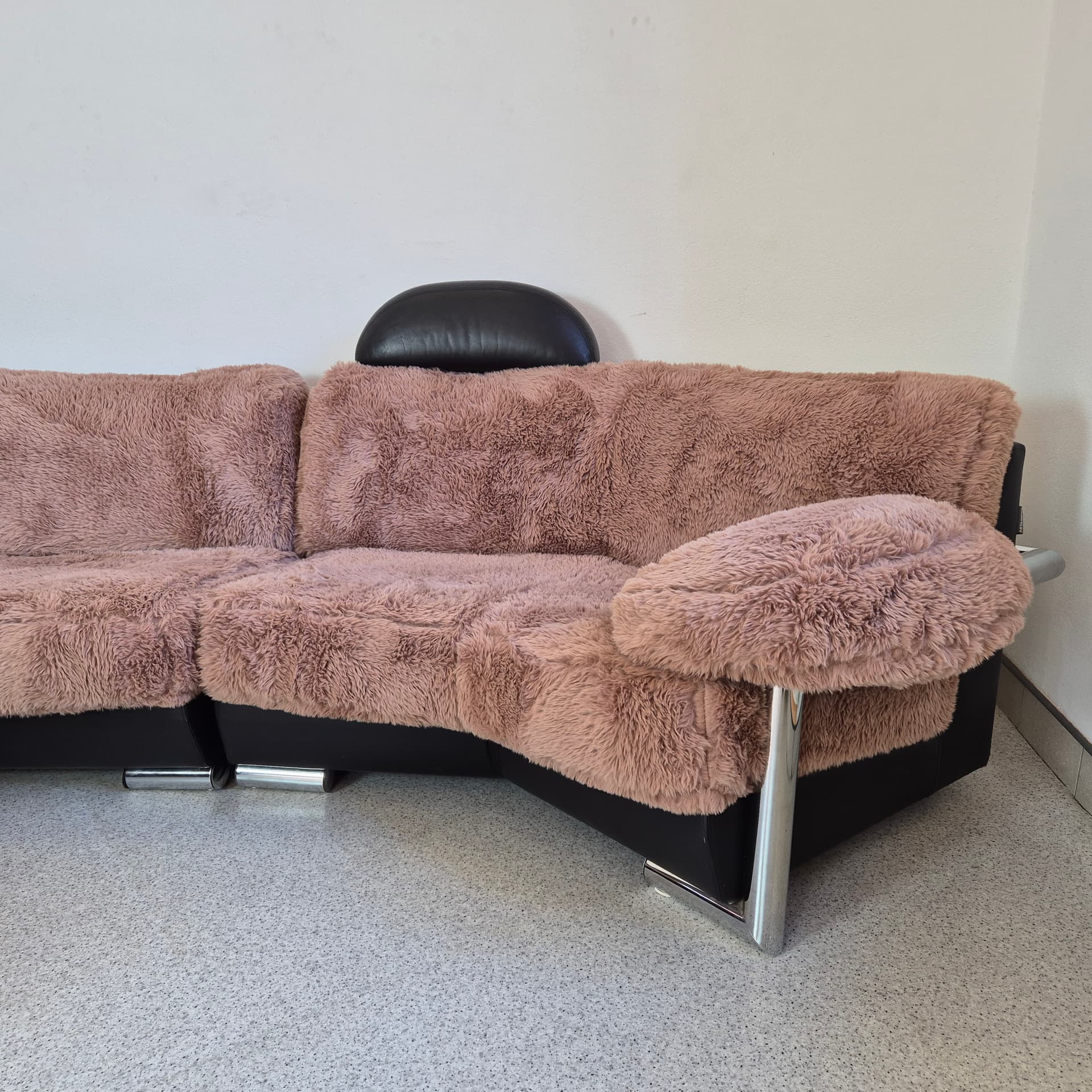 Sofa modułowa Medea, tkanina brąz jasny, skóra naturalna czarna, stal, proj. M. C. Brandis, Artanova, Szwajcaria, lata 90. - 198088